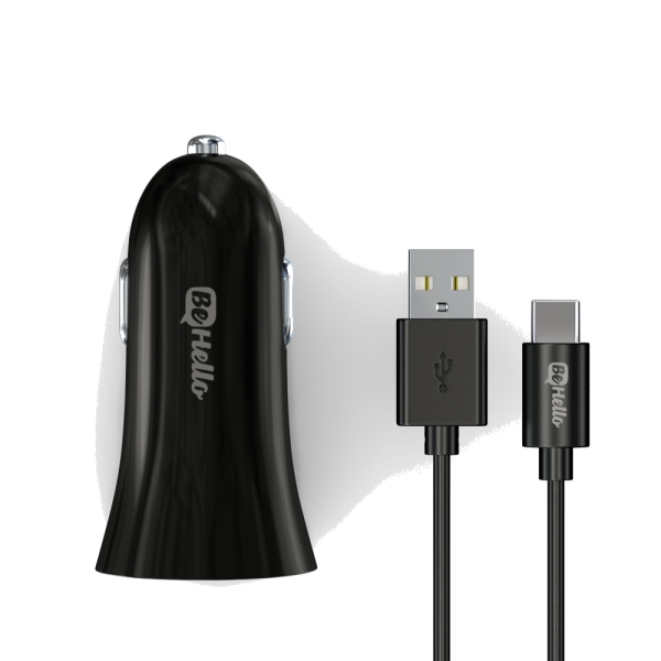 BeHello Car Charger 2.1A Plus USB-C Cable Black