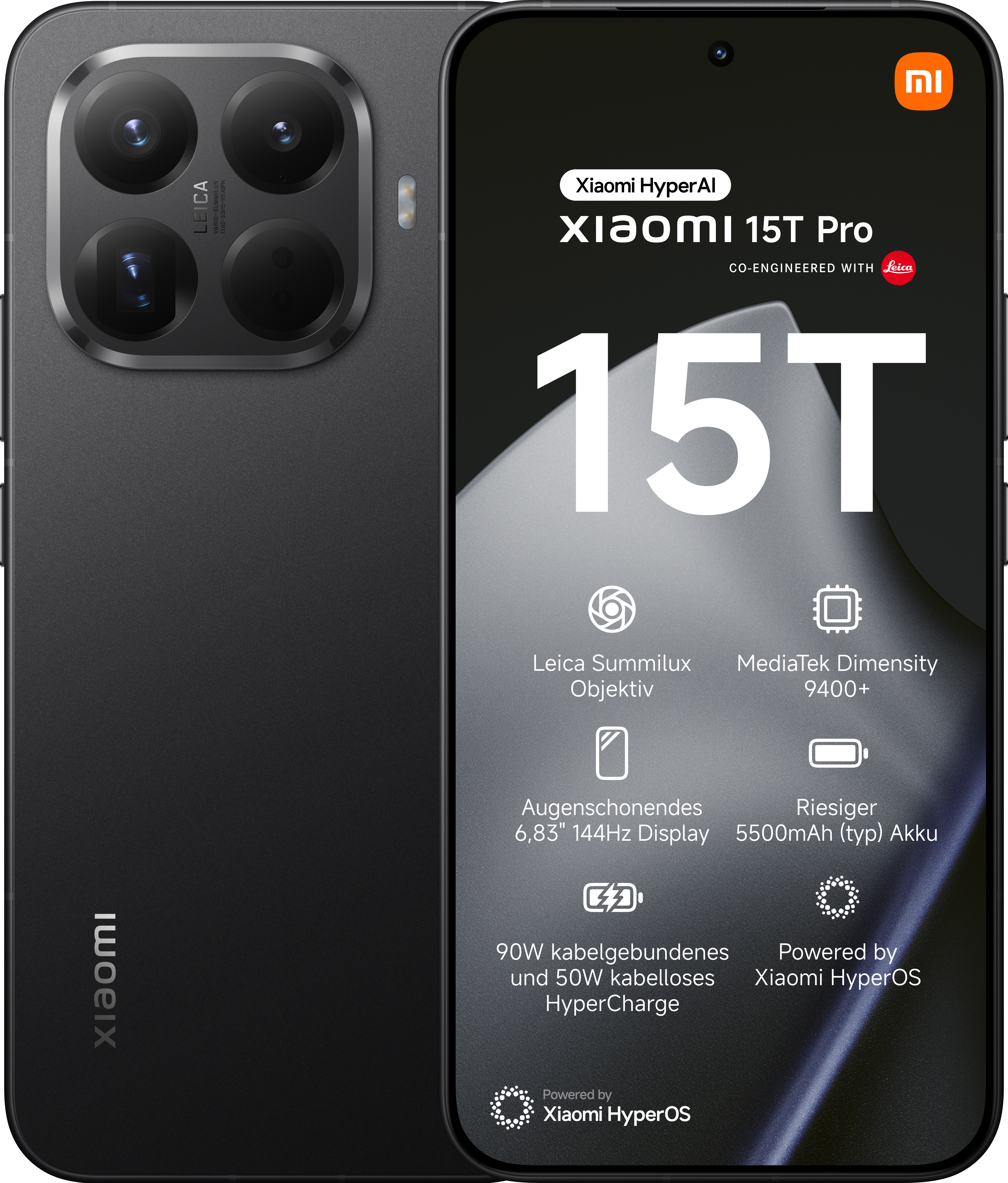 Ein schwarzes Xiaomi 15T Pro-Handy wird angezeigt und präsentiert Funktionen wie Leica-Objektive, einen großen Bildschirm und Schnellladefunktionen.