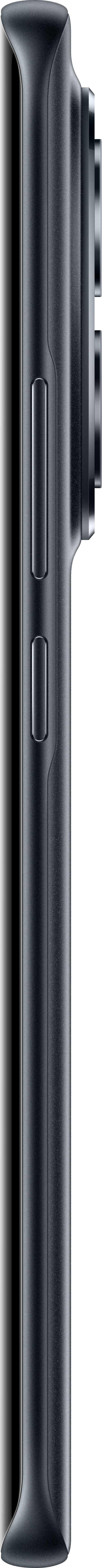 Seitenansicht eines dunkelgrauen Smartphones. Knöpfe an der Seite, Kameralinsen sichtbar. Schlankes Design.
