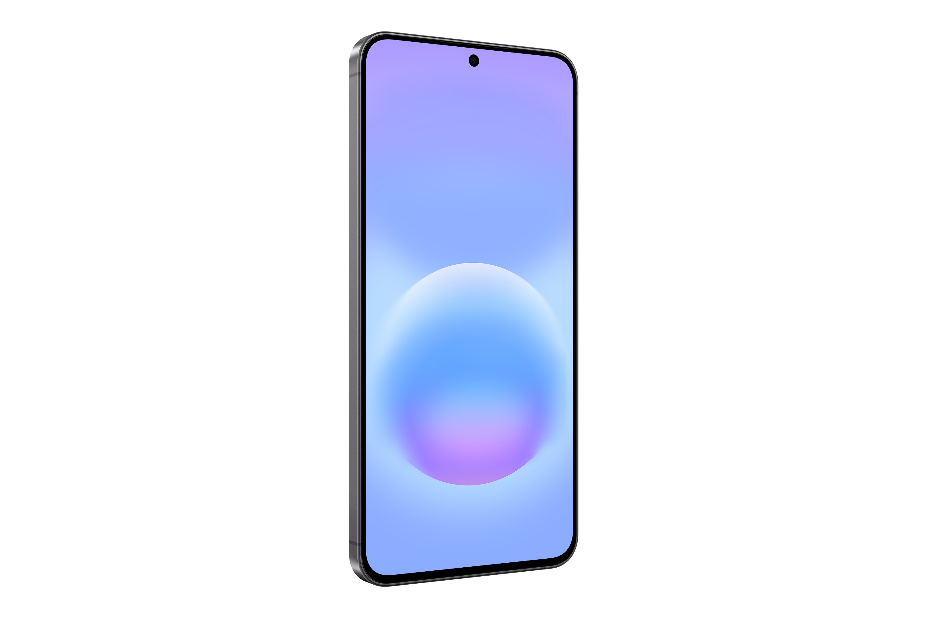 Ein Smartphone mit grauem Rahmen und einem violett-blauen Hintergrundbild.