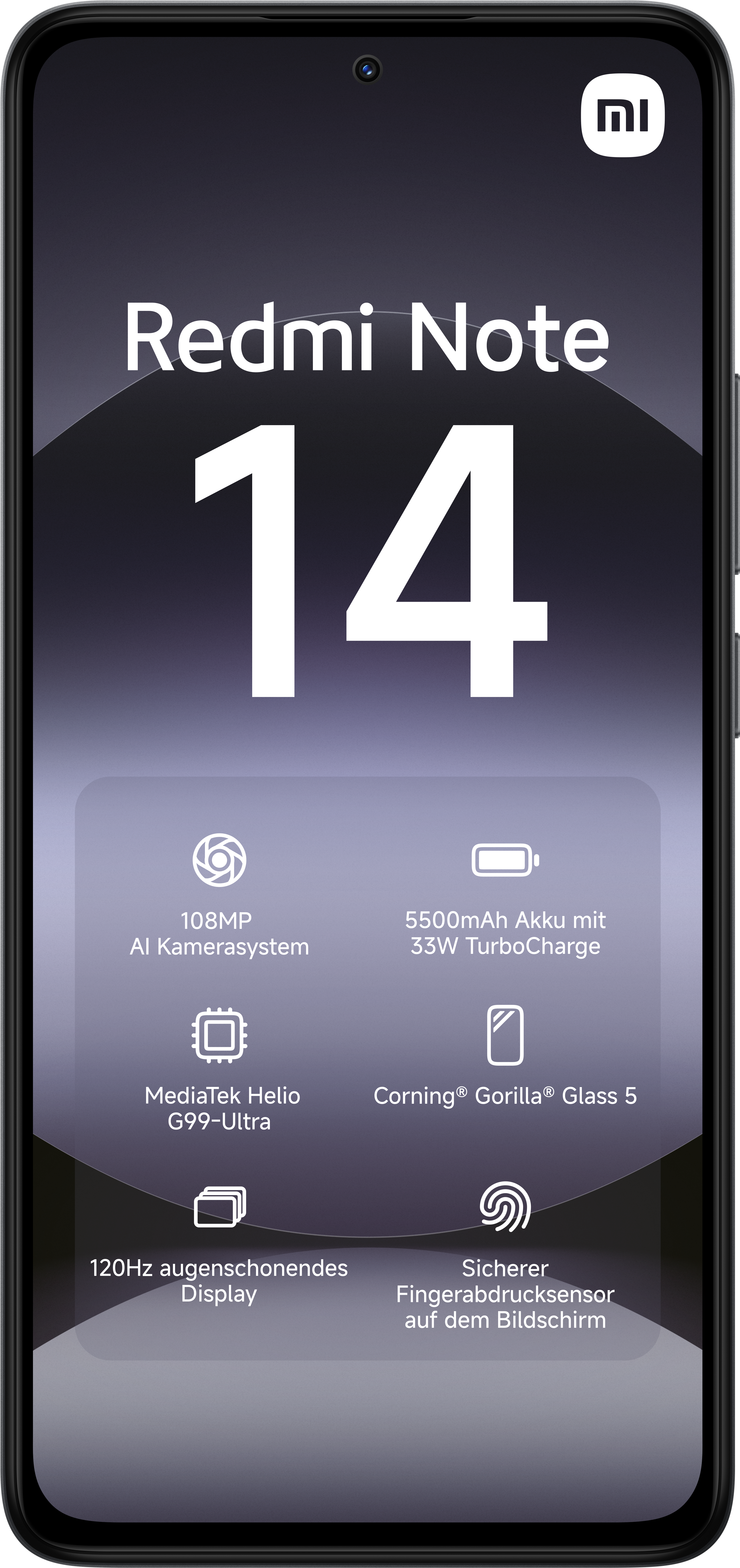 Vorderansicht des Smartphones. Redmi Note 14, mit Spezifikationen: 108MP Kamera, 5500mAh Akku, Helio G99-Ultra und 120Hz Display.