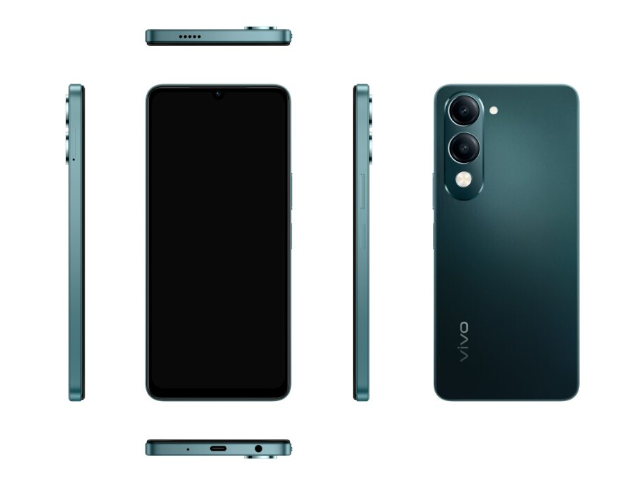 Ein türkisfarbenes Smartphone wird aus verschiedenen Blickwinkeln gezeigt. Vorder-, Rückseite, Seiten und Ober-/Unterseite sind zu sehen.