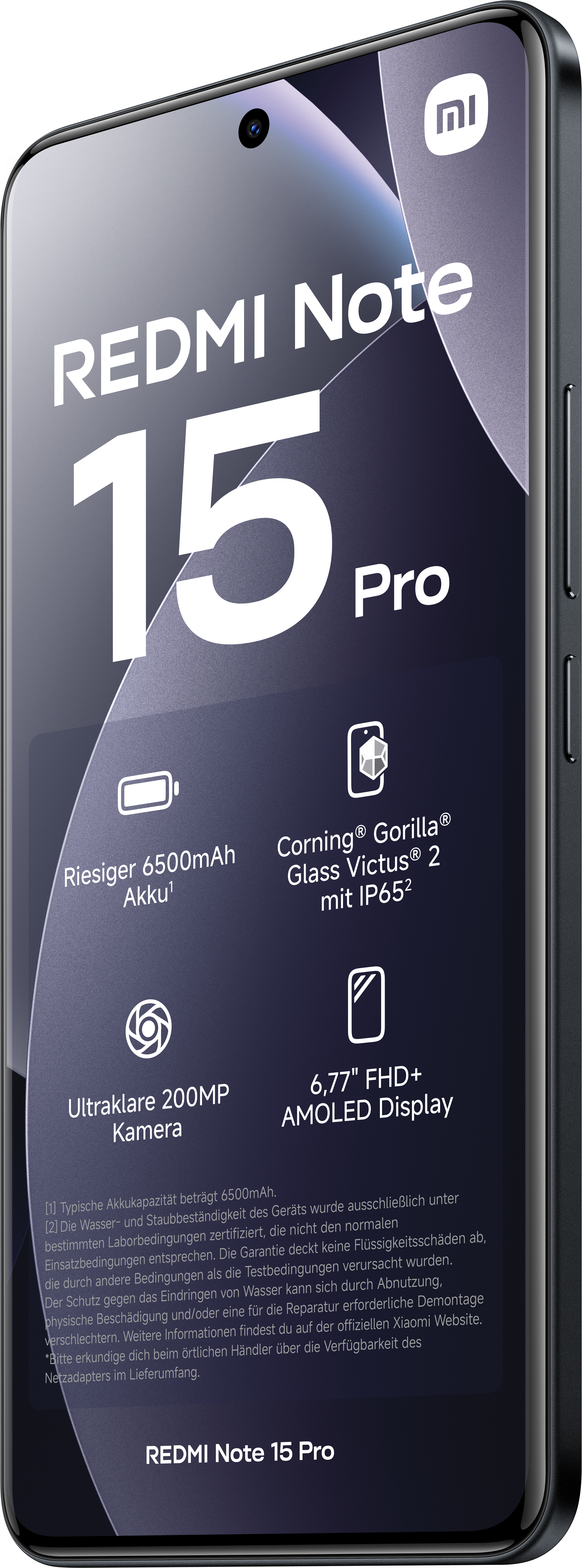 Ein Redmi Note 15 Pro-Telefon wird angezeigt. Zu den Merkmalen gehören ein großer Bildschirm, Kameradetails und Akkukapazität.