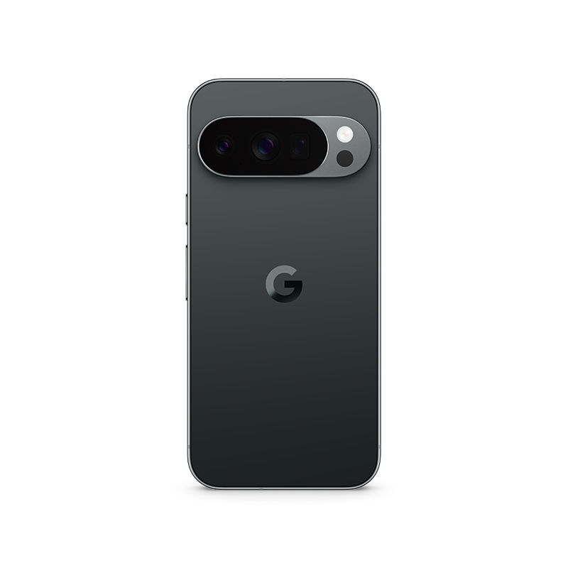 Rückseite eines dunkelgrauen Smartphones. Oben befindet sich eine Kameraleiste mit mehreren Objektiven und einem Blitz. Das Google-Logo ist mittig.