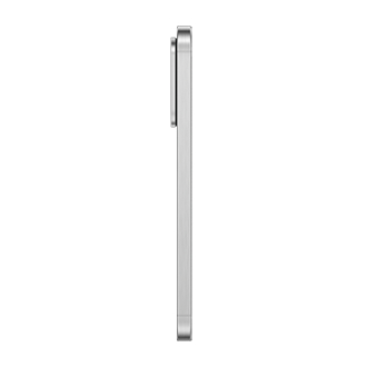 Seitenansicht eines silbernen Smartphones mit Kameraausbuchtung auf der Rückseite.