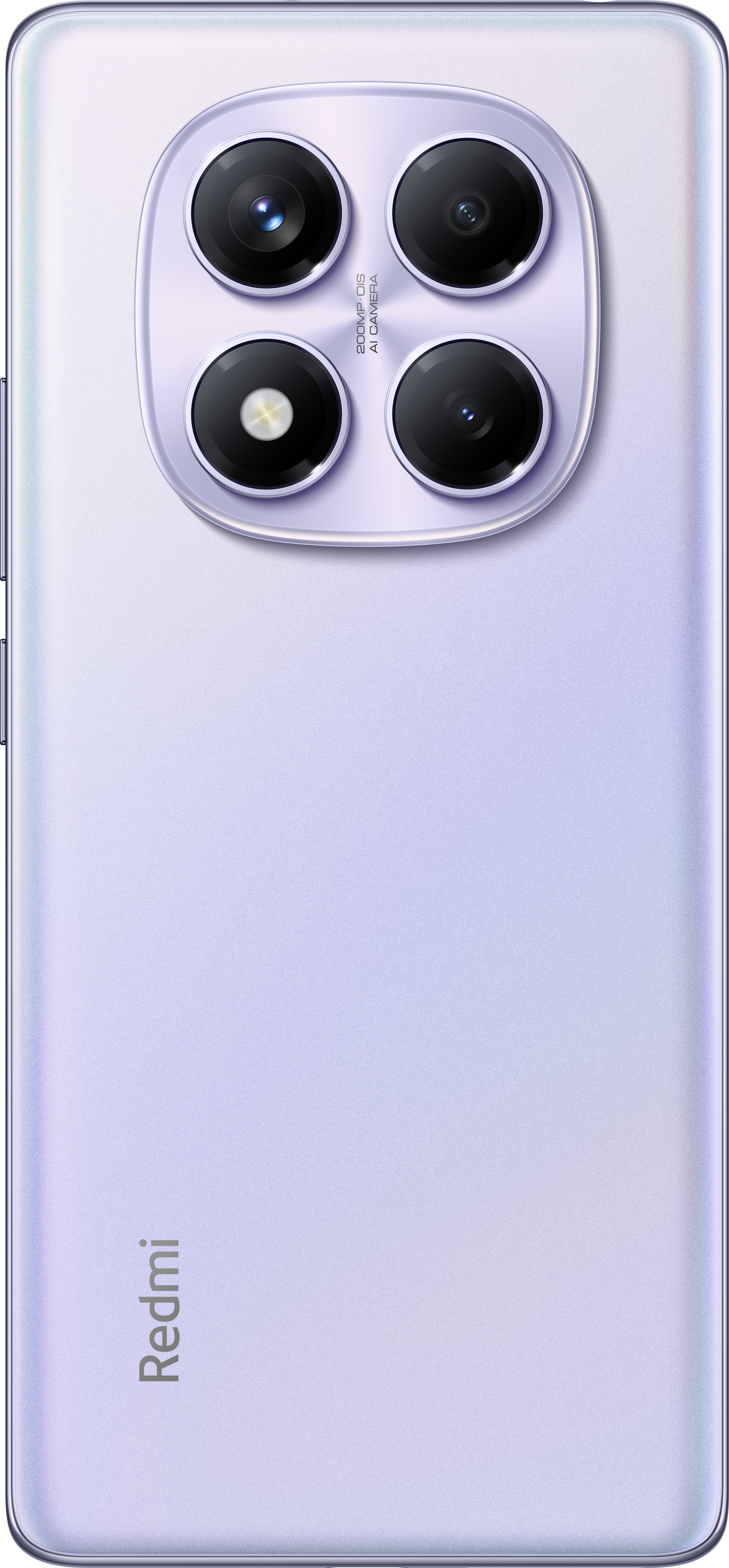 Rückseite eines hellvioletten Redmi-Telefons. Es hat vier Kameras in einem kreisförmigen Design. Das Redmi-Logo ist vertikal.