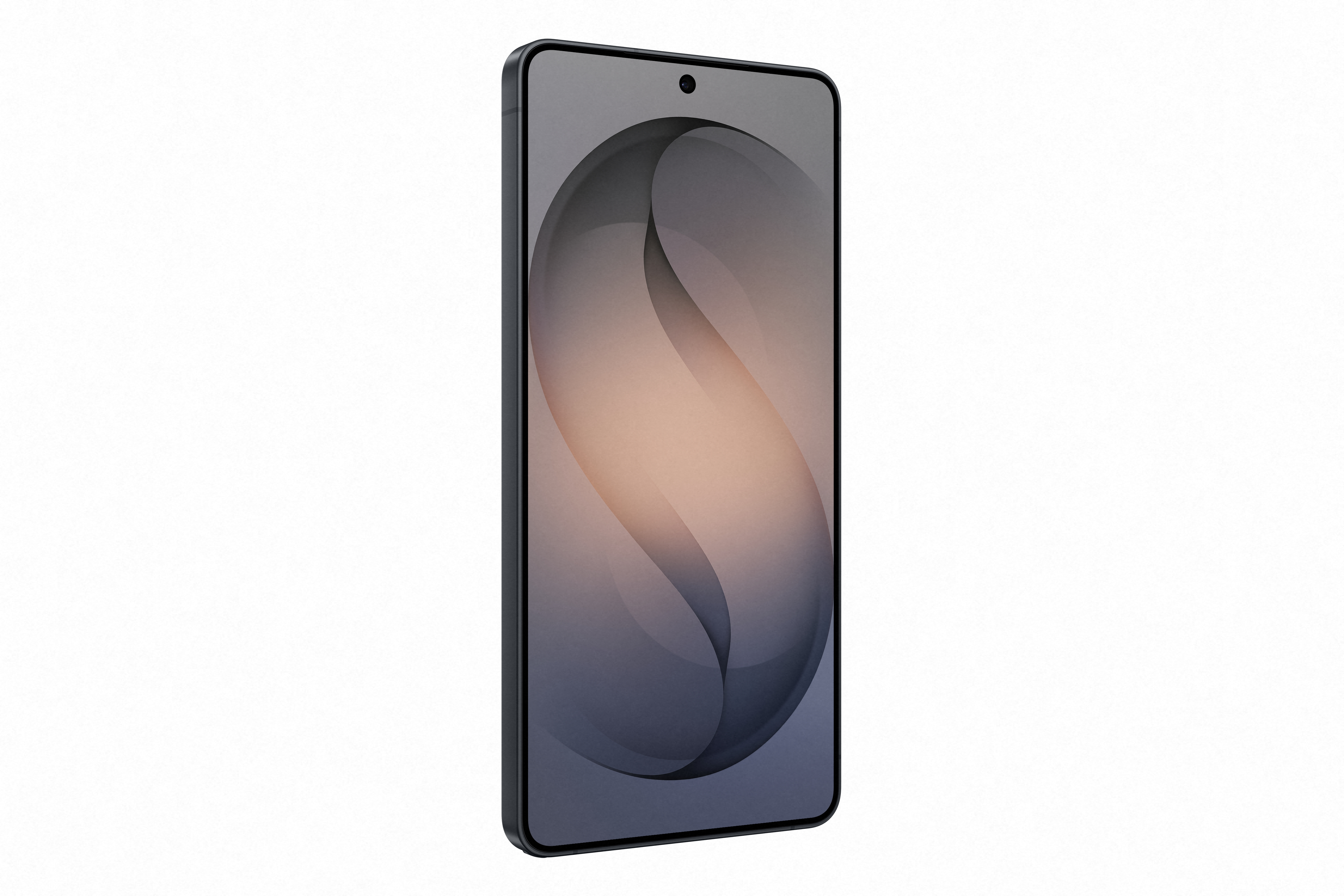 Ein schwarzes Smartphone mit einem abstrakten, grauen und pfirsichfarbenen Hintergrundbild.