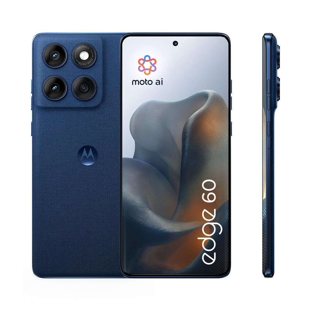 Blaues Telefon mit Dreifach-Kamera. Das Display zeigt ein Logo.