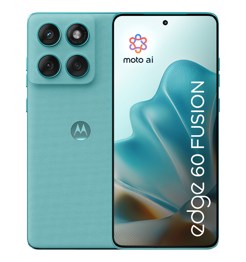 Türkisblaues Motorola Edge 60 Fusion Telefon mit Kameraanordnung auf schwarzem Hintergrund.