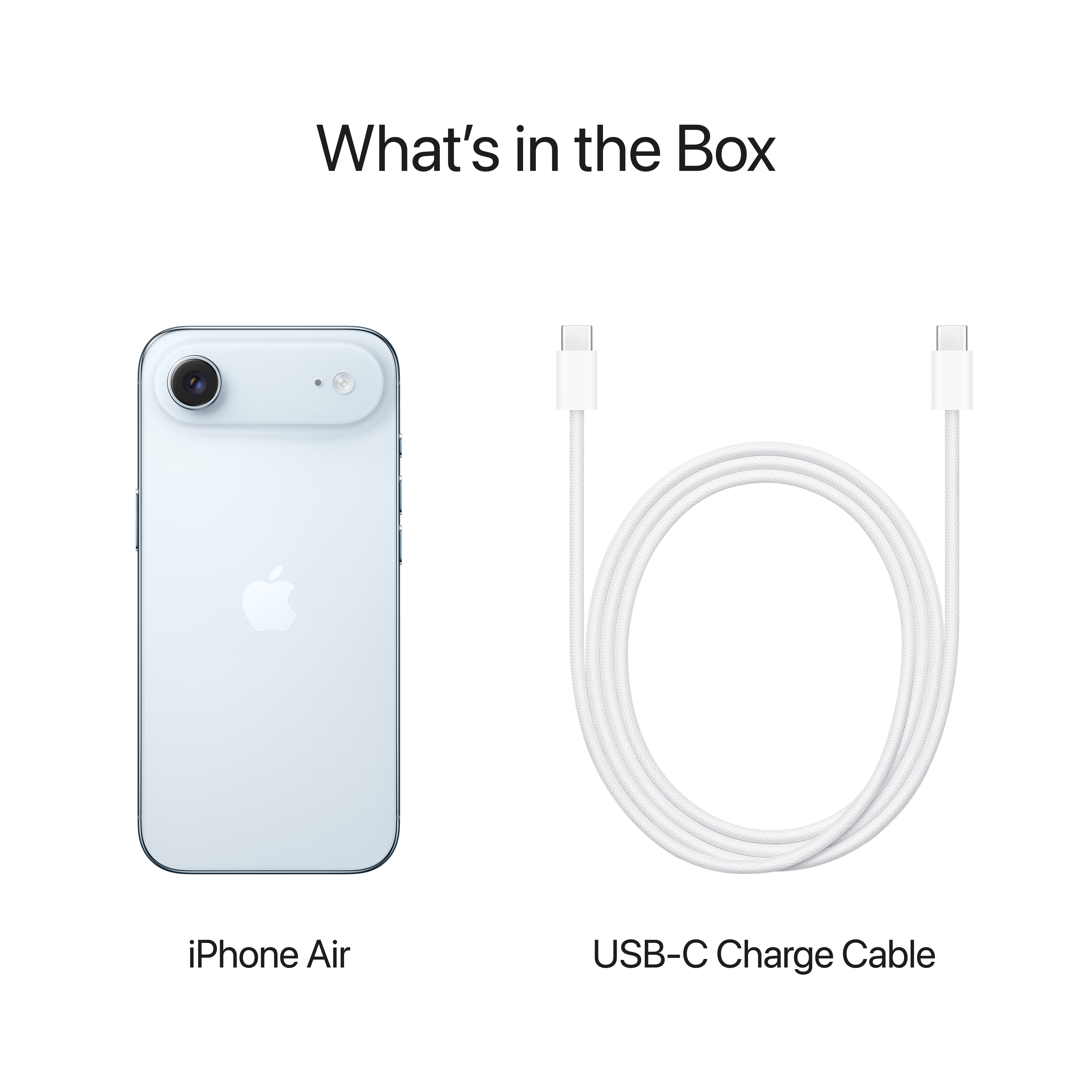 Das Bild zeigt ein iPhone Air und ein weißes USB-C-Ladekabel auf weißem Hintergrund. Text: Was ist in der Box.