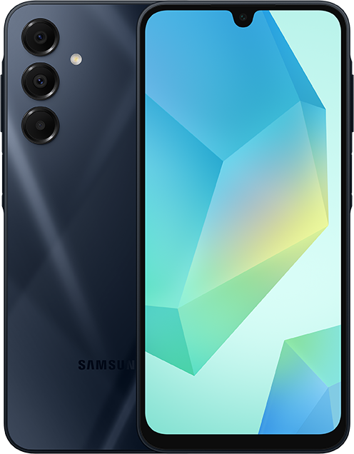 Ein marineblaues Samsung-Telefon mit Dreifachkamera und geometrischem Muster auf der Rückseite.