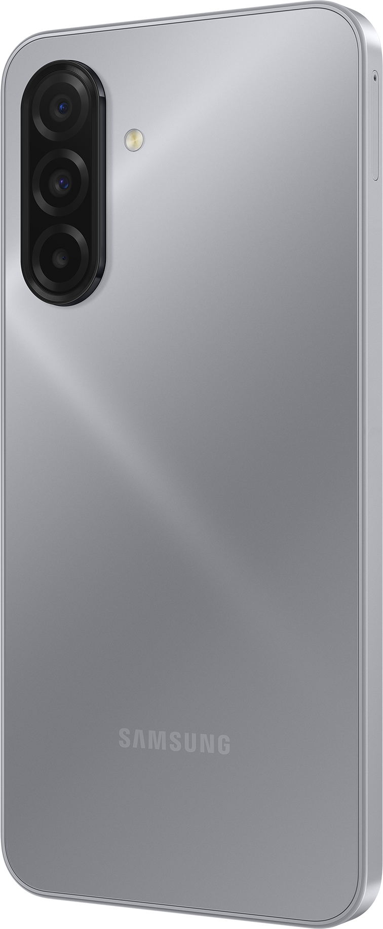 Rückseite eines silbernen Samsung-Telefons. Oben links befinden sich drei Kameras. Das Samsung-Logo ist unten sichtbar.