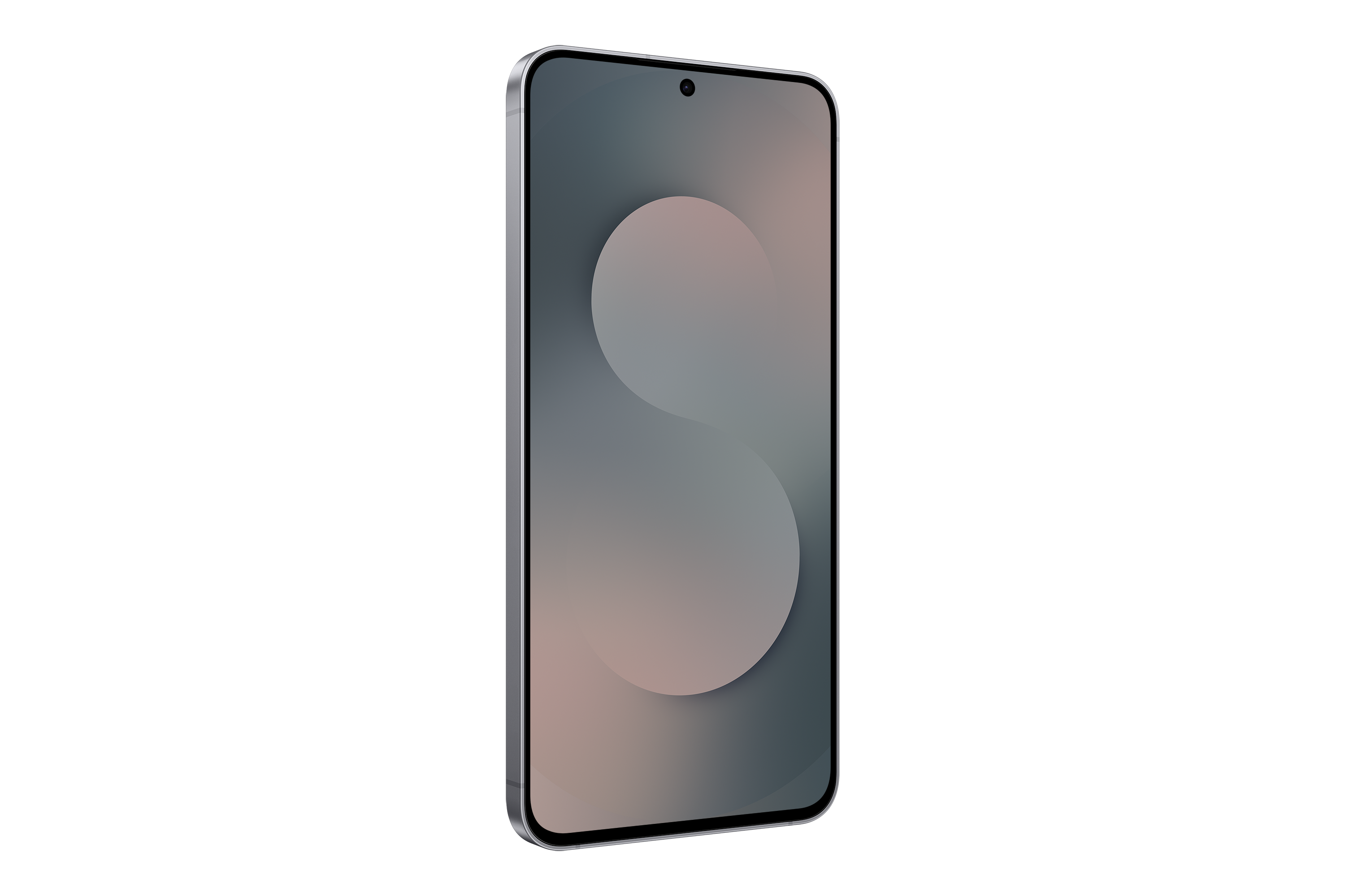 Ein Smartphone mit silbernem Rahmen, das ein graues und rosafarbenes abstraktes Design auf dem Bildschirm zeigt, vor schwarzem Hintergrund.