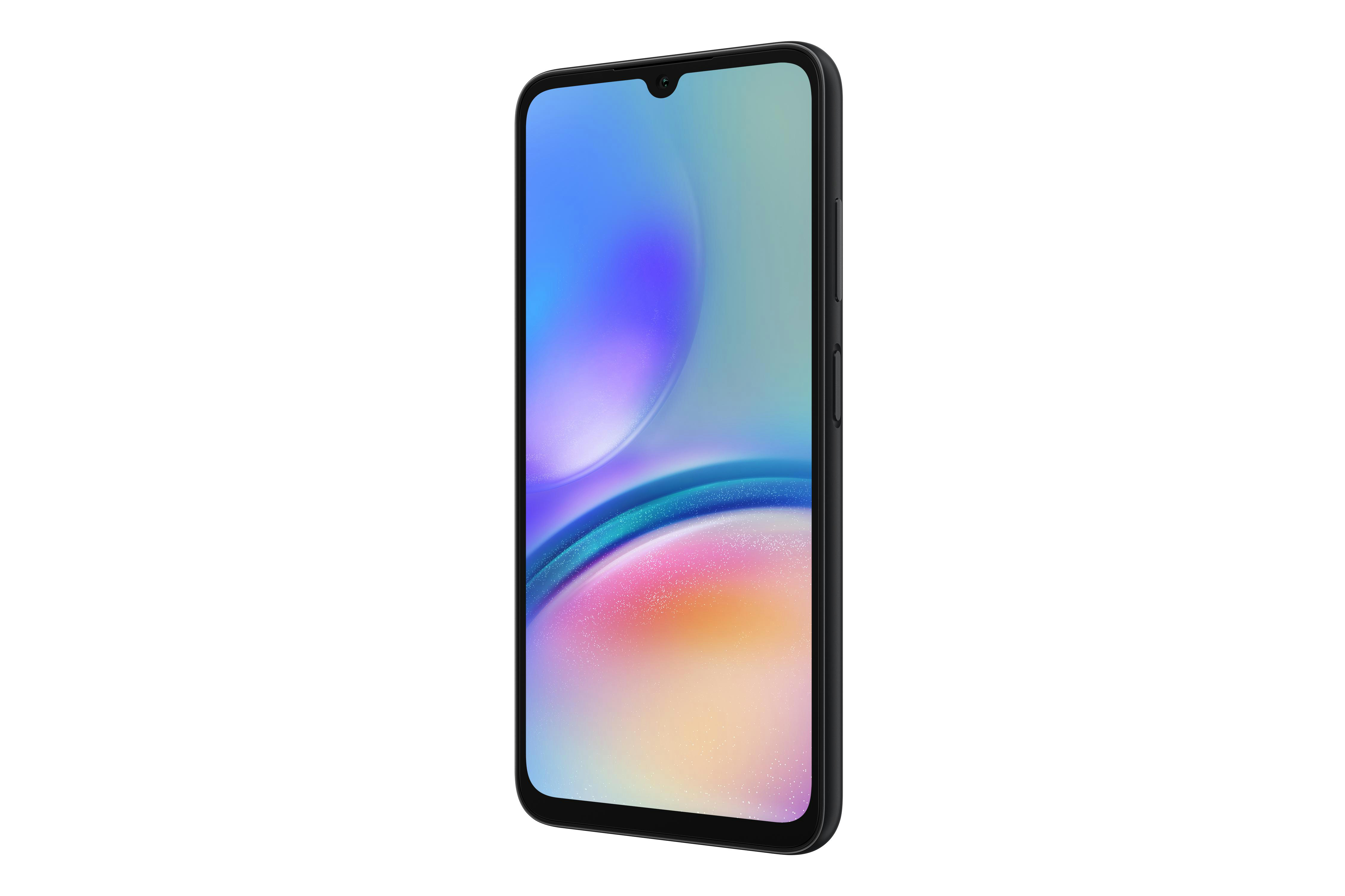 Schwarzes Smartphone mit farbenfrohem Bildschirm, der ein Gradientendesign zeigt.