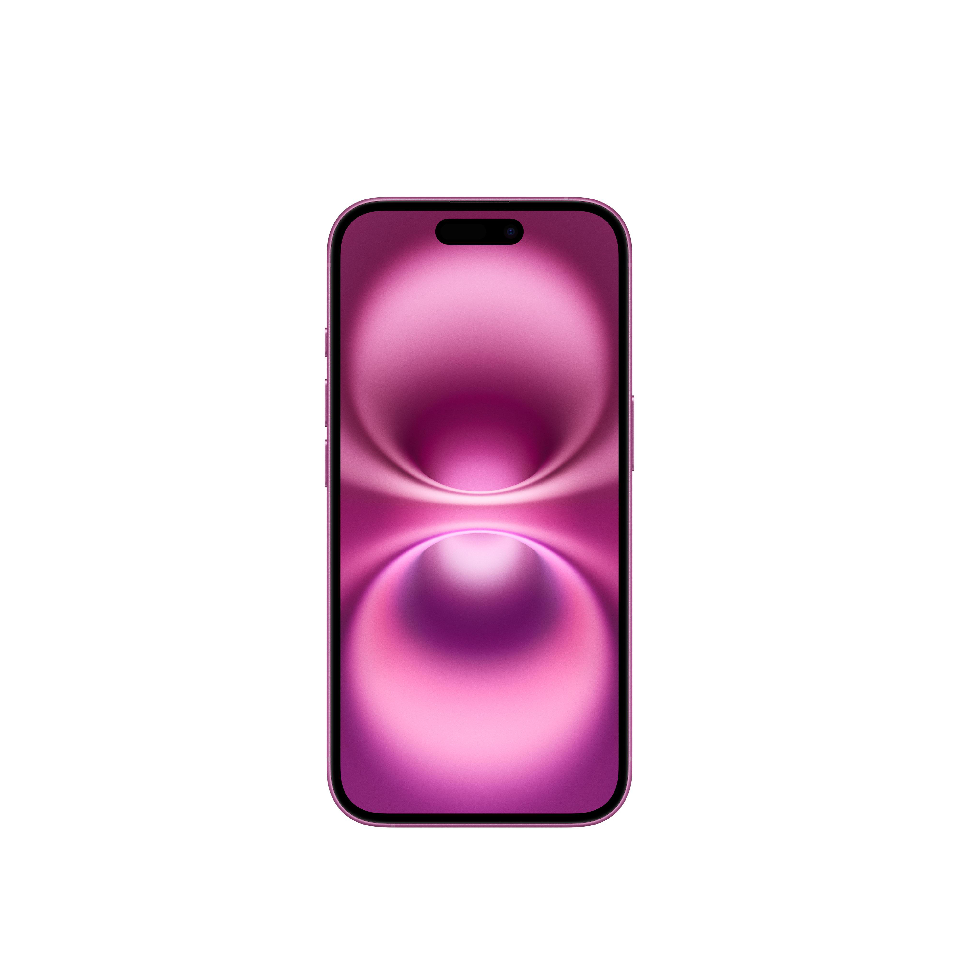 Rosa Telefon mit rosa Farbverlauf-Display. Es hat eine schwarze Kerbe und schwarze Kameralinsen.