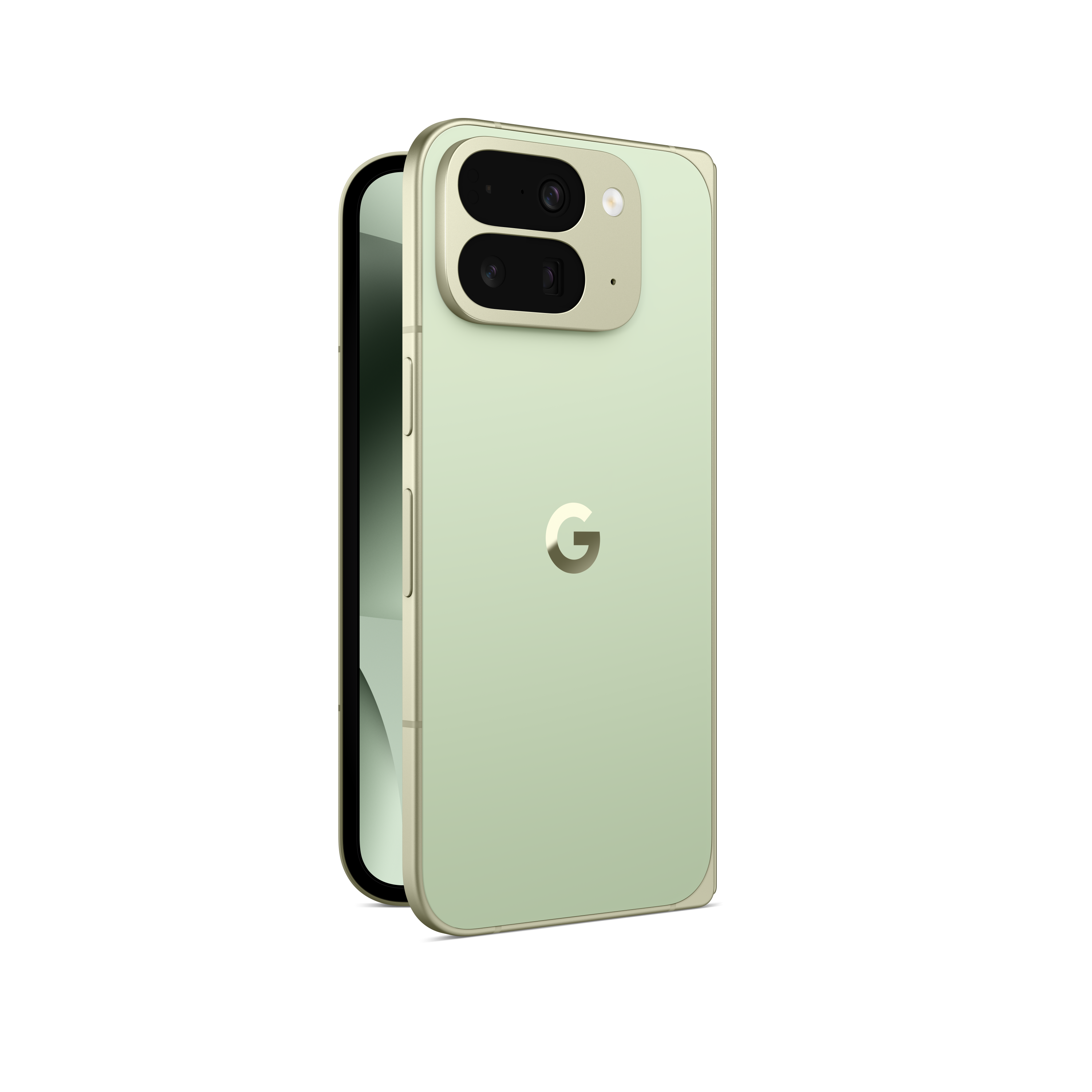 Ein hellgrünes Telefon mit einer goldenen Kamerahöcker und Google-Logo auf schwarzem Hintergrund.