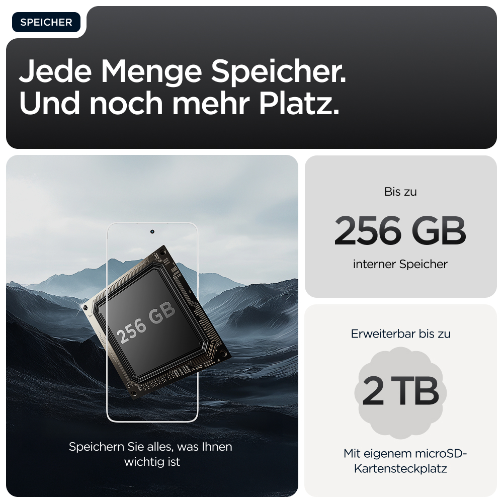 Bild mit Speicherinformationen, einem Chip und einer Berglandschaft. Text: 256 GB interner Speicher und erweiterbar auf 2 TB.