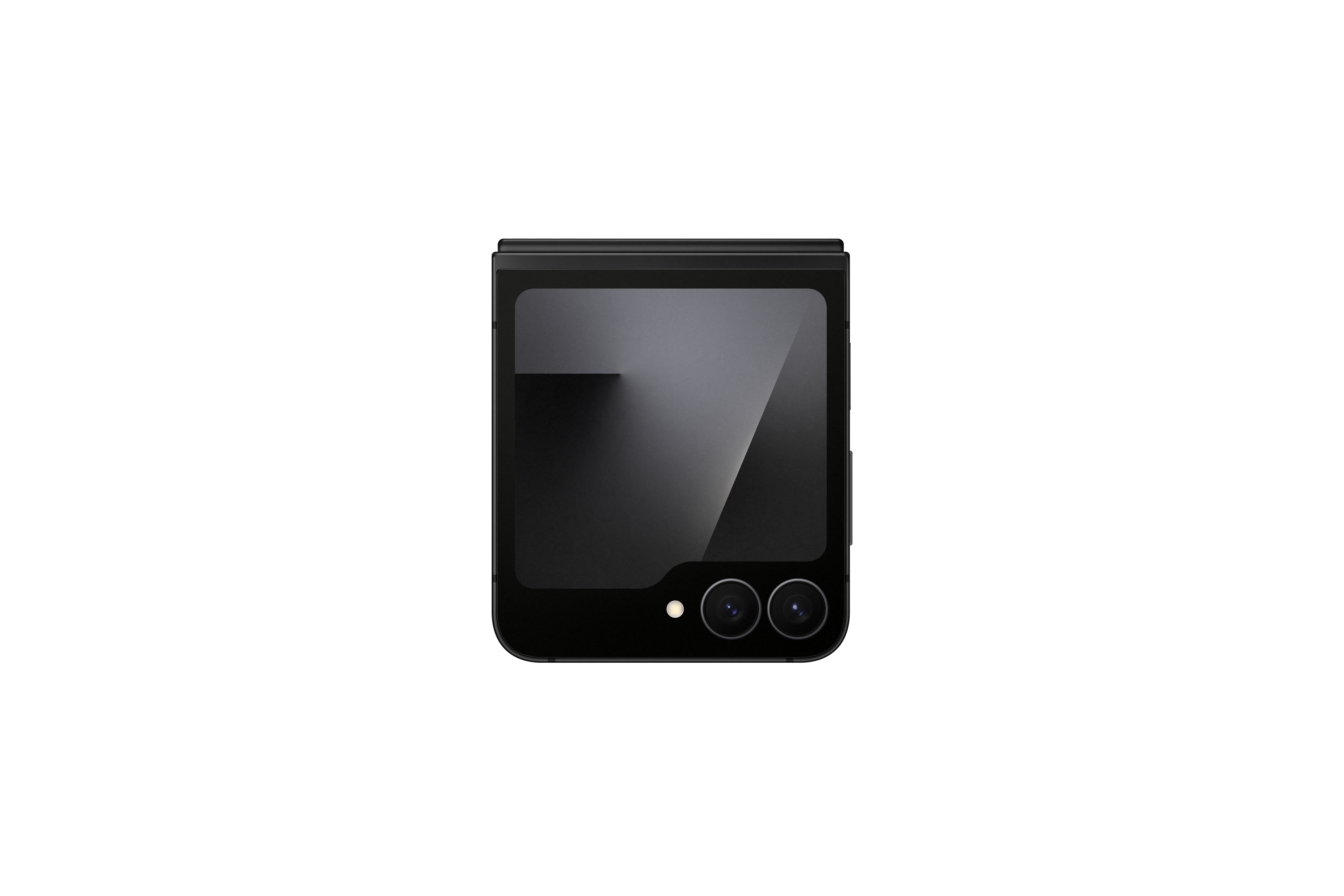 Ein schwarzes, zusammengeklapptes Smartphone ist mittig auf weißem Hintergrund. Es hat zwei Kameralinsen und einen kleinen Bildschirm.