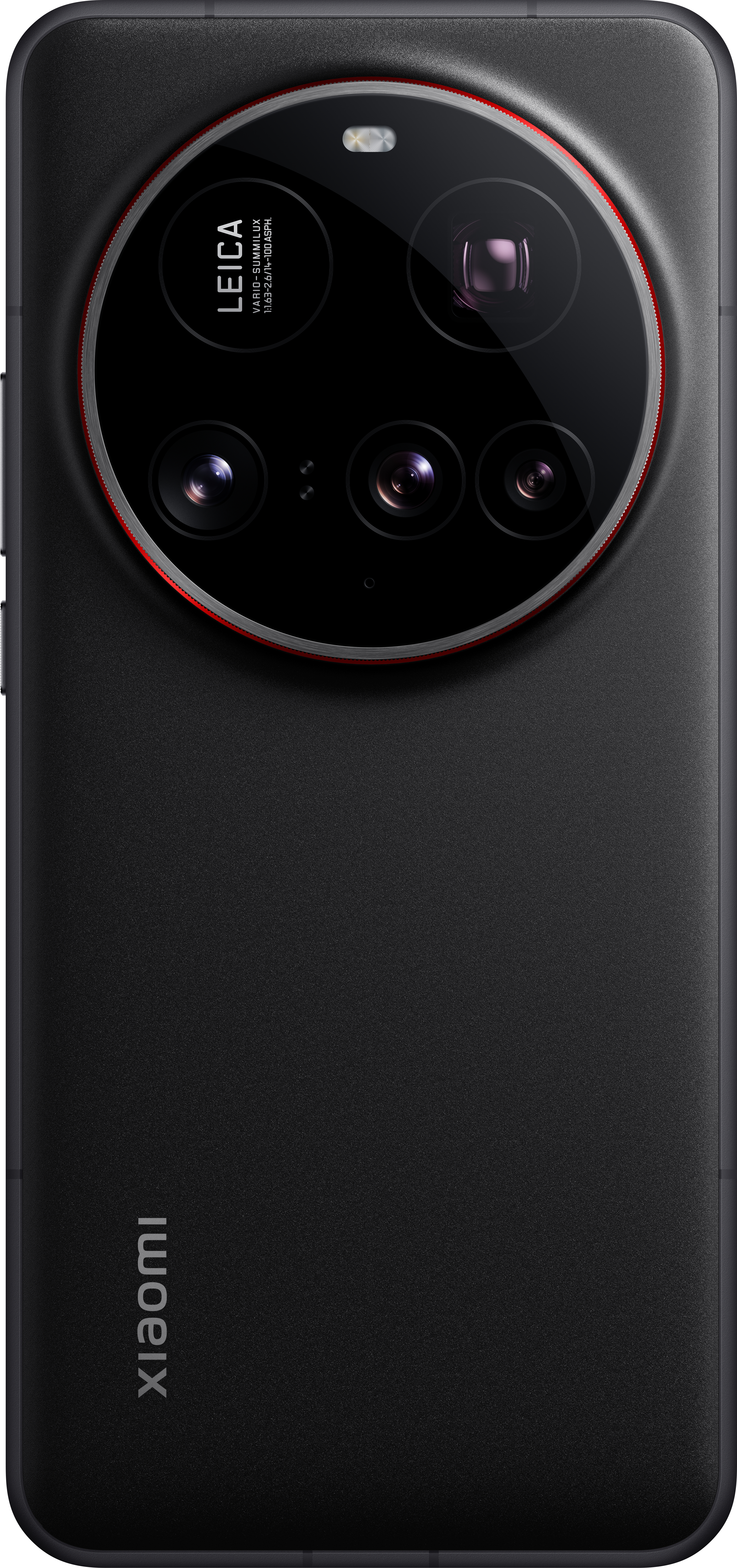Schwarze Smartphone-Rückseite mit Kameralinsen und der Marke 'Xiaomi'. Die Linsen befinden sich in einem großen kreisförmigen Modul.