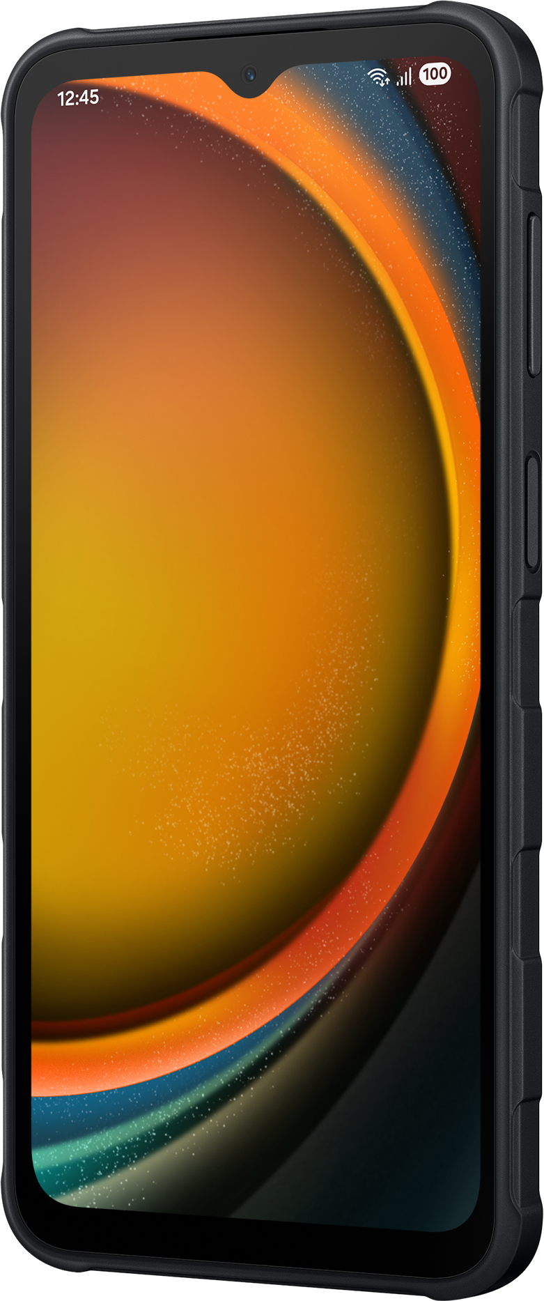 Ein schwarzes Smartphone mit farbenfrohem Bildschirm. Der Bildschirm zeigt eine Mischung aus Orange, Gelb und Blau.