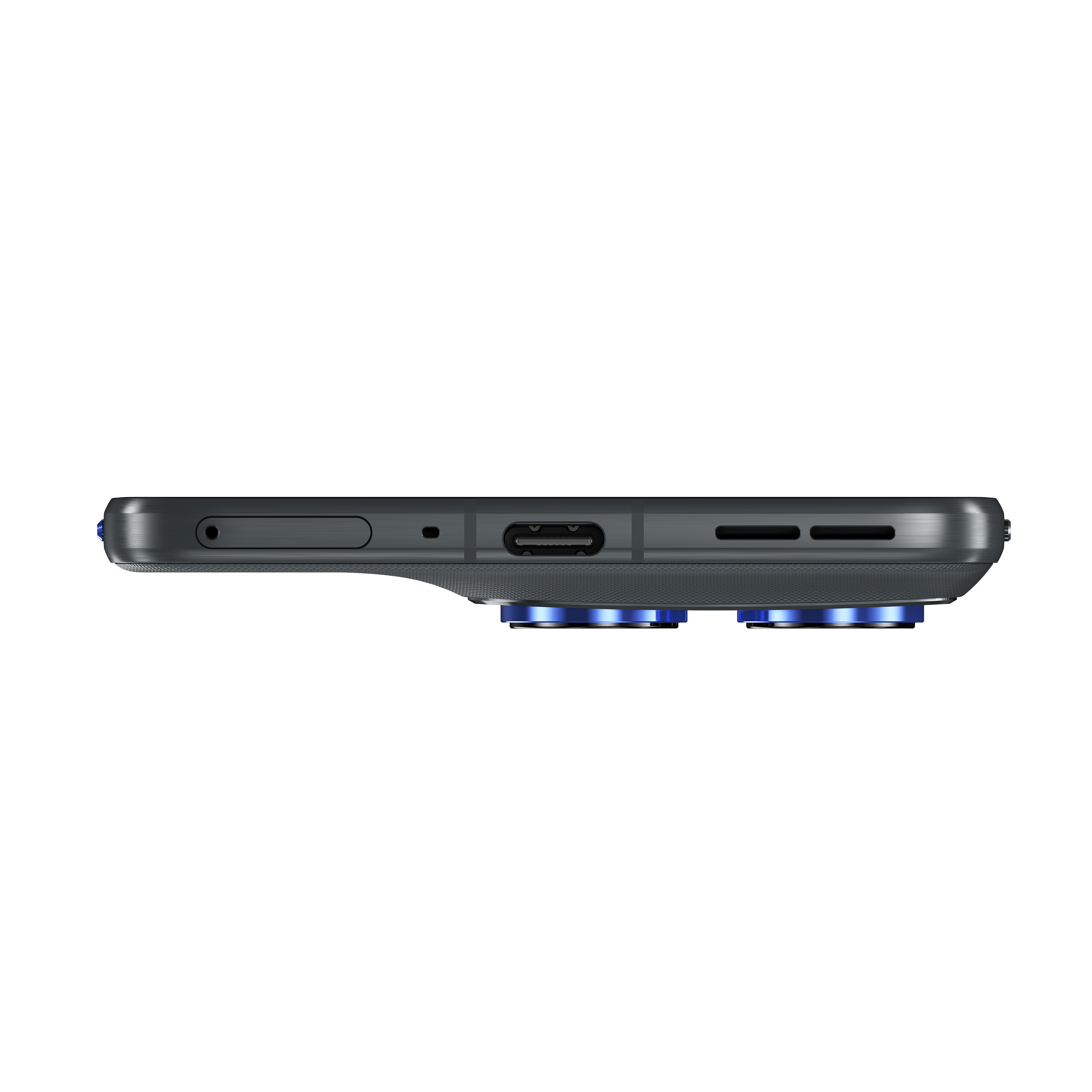 Seitenansicht eines schwarzen Smartphones mit blauen Kameraringen, USB-C-Anschluss, weißer Hintergrund.