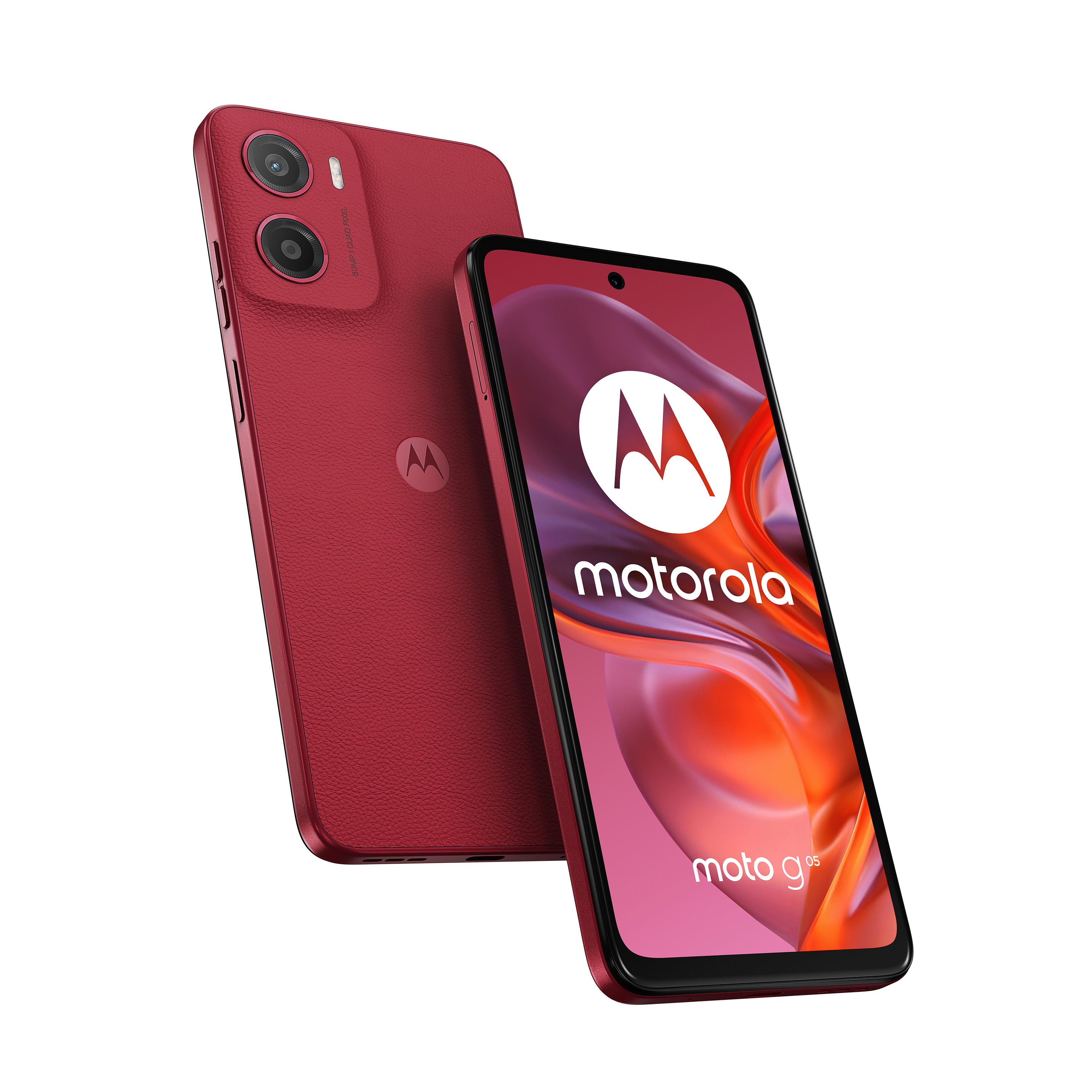 Rotes Motorola-Telefon, zwei Ansichten. Verfügt über zwei Rückkameras und eine Bildschirmanzeige.