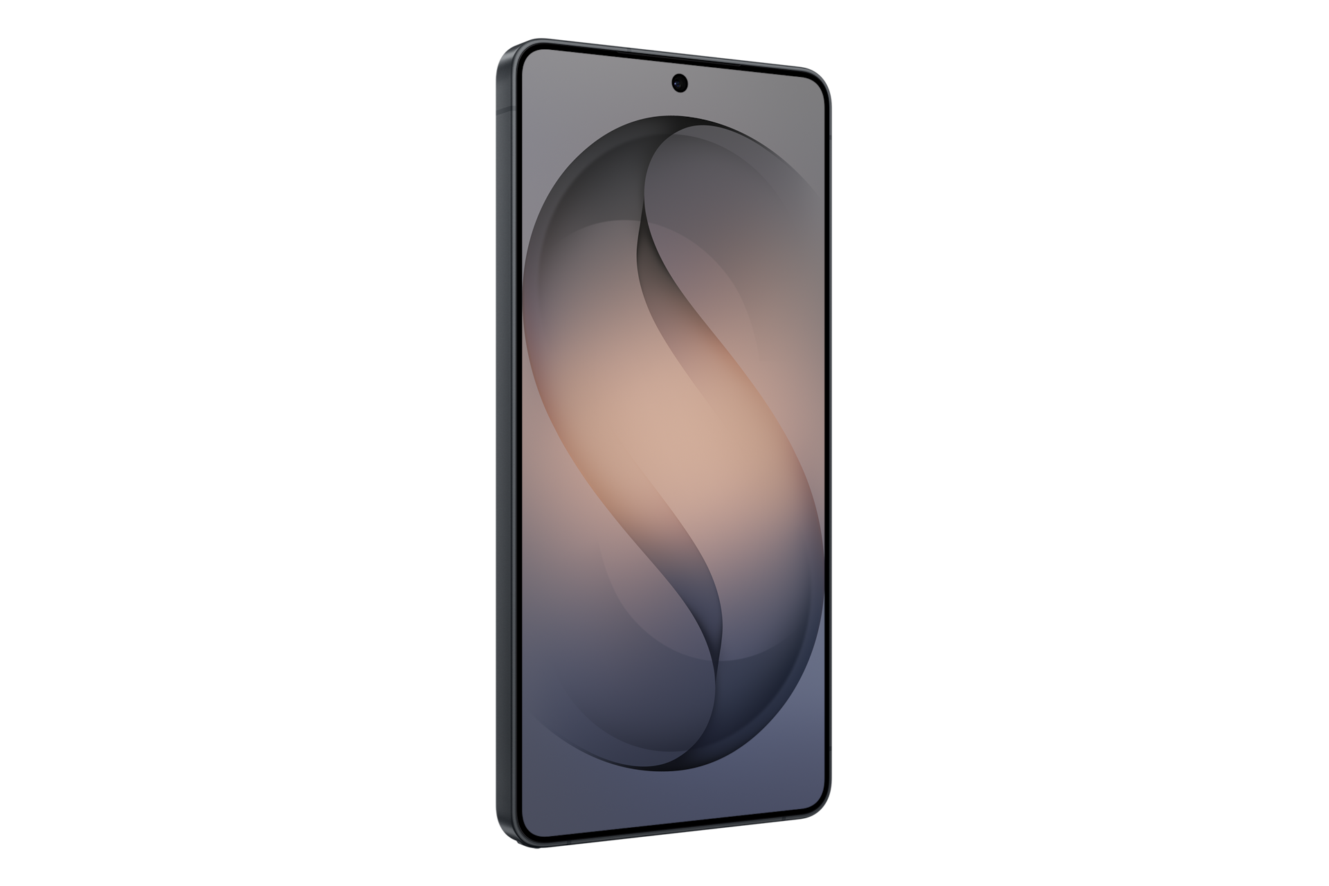 Ein modernes Smartphone mit einem dunkelgrauen Rahmen und einem Wallpaper aus abstrakten grau-pfirsichfarbenen Formen.