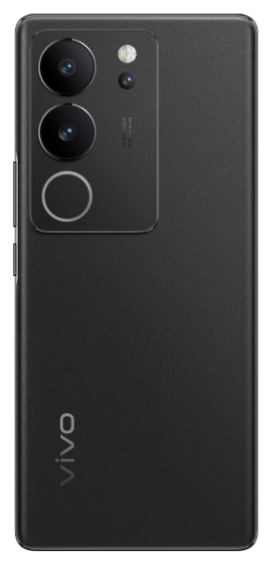 Schwarze Smartphone-Rückansicht mit Kameralinsen und vivo-Logo.