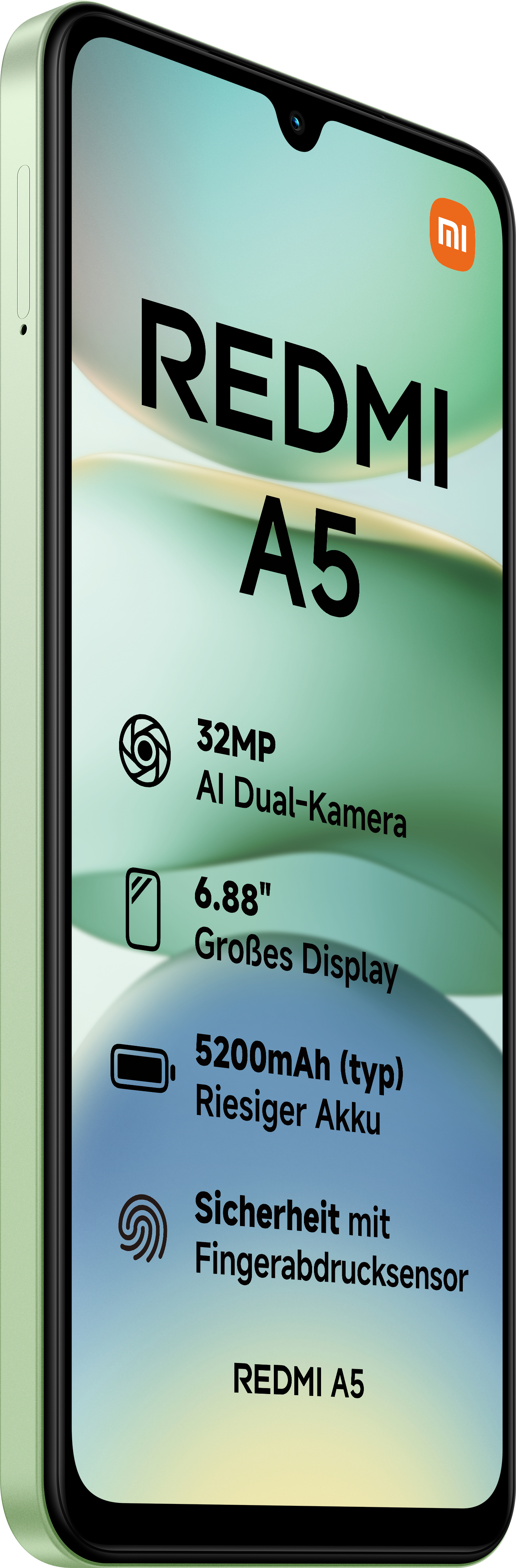 Grünes Redmi A5 Telefon mit Spezifikationen im Vordergrund.