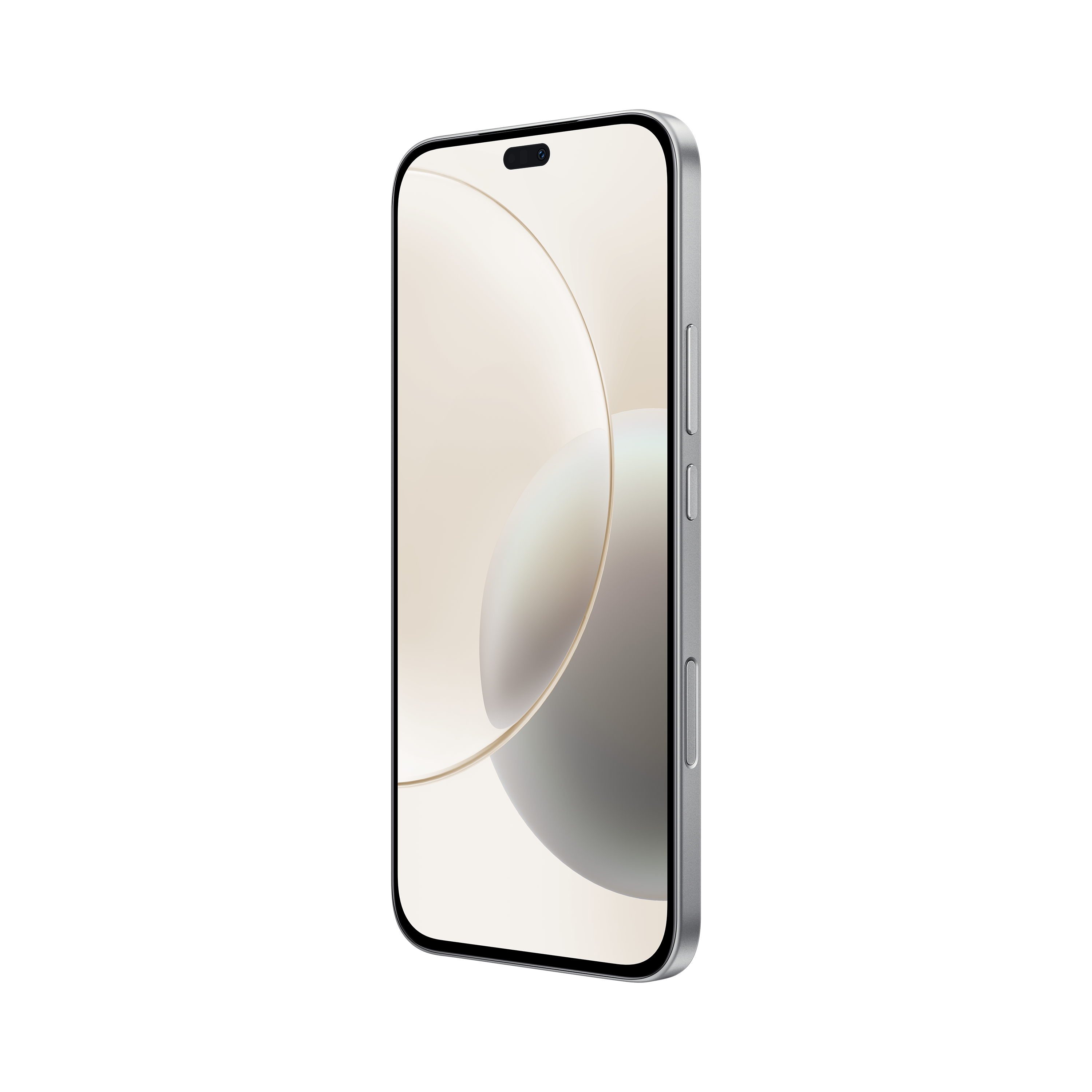 Smartphone mit hellem Hintergrund auf dem Bildschirm, der ein geschwungenes Design zeigt, schräge Ansicht.