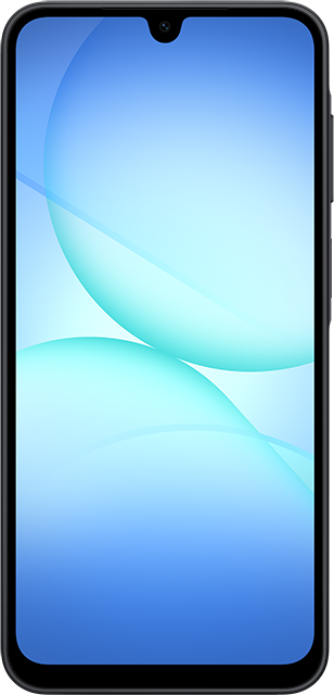 Ein Smartphone-Bildschirm zeigt ein abstraktes Design in Blau und Weiß. Das Telefon hat einen schwarzen Rahmen und eine Frontkamera.