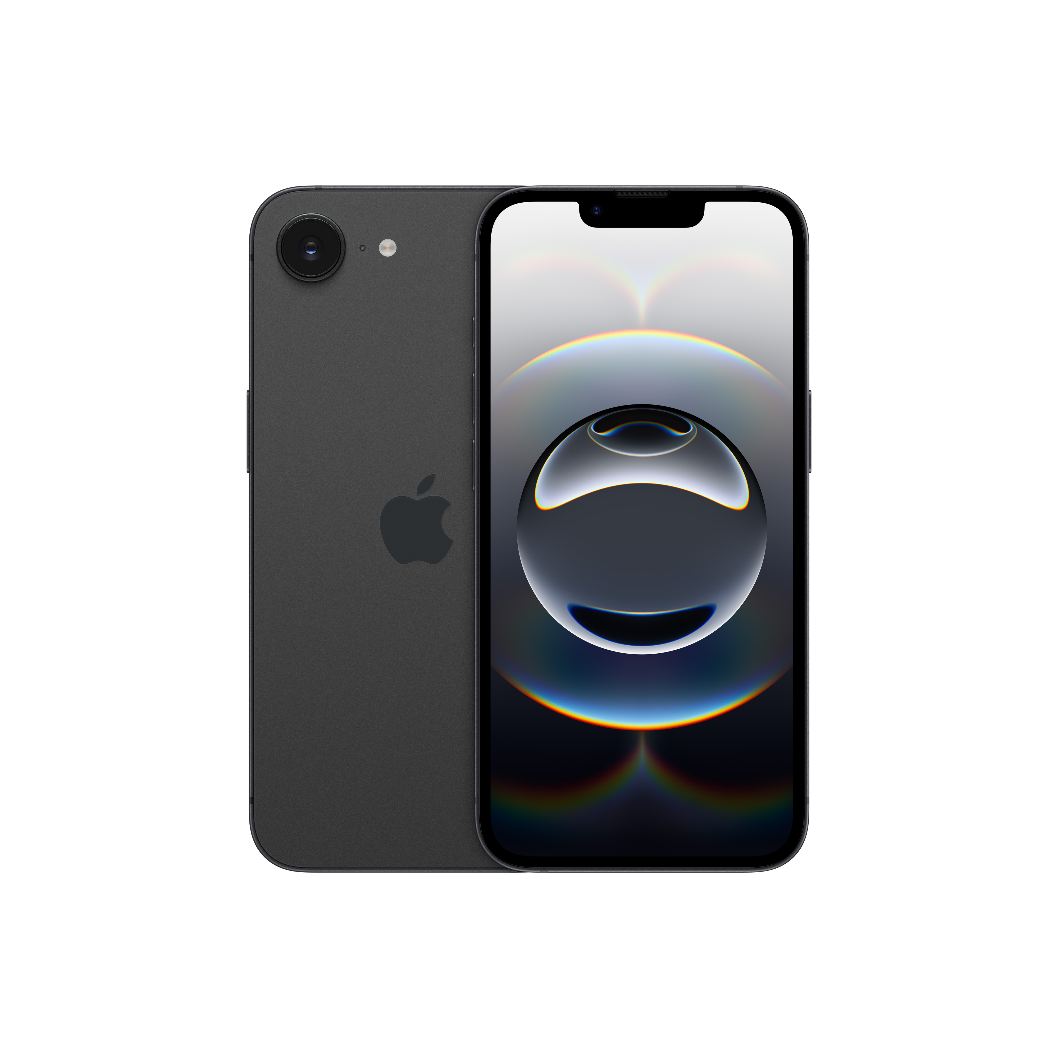 Schwarzes iPhone, Vorder- und Rückseite, auf weißem Hintergrund.