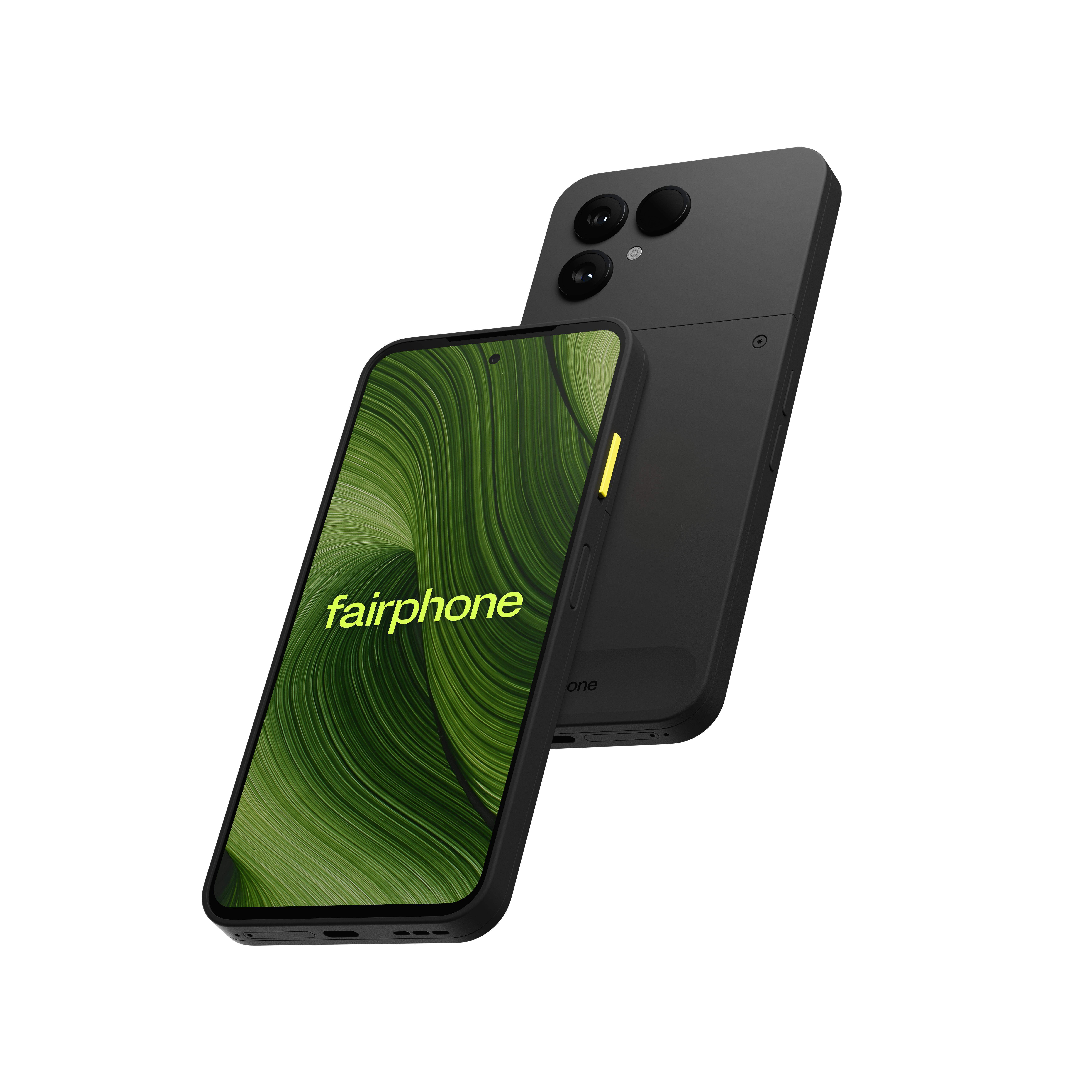 Zwei schwarze Fairphone-Telefone werden gezeigt. Eines zeigt ein grünes Muster und die Worte 'fairphone'. Das andere zeigt Kameralinsen.
