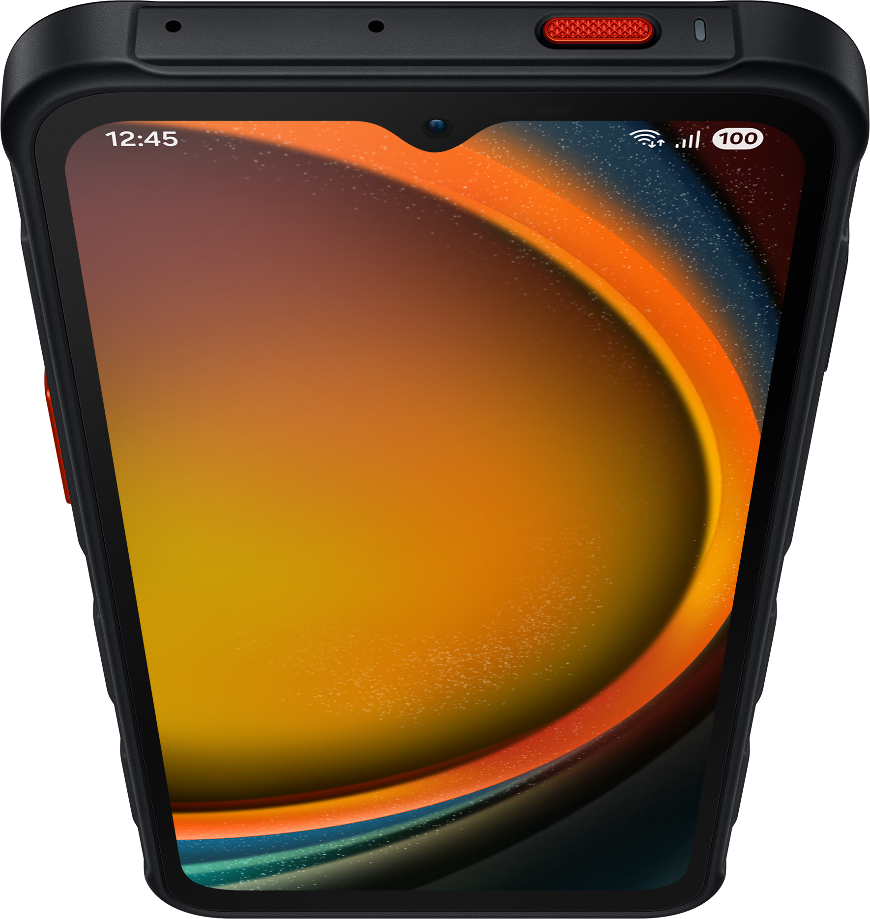 Nahaufnahme eines Smartphones mit orange, gelb und blau verlaufendem Bildschirm.
