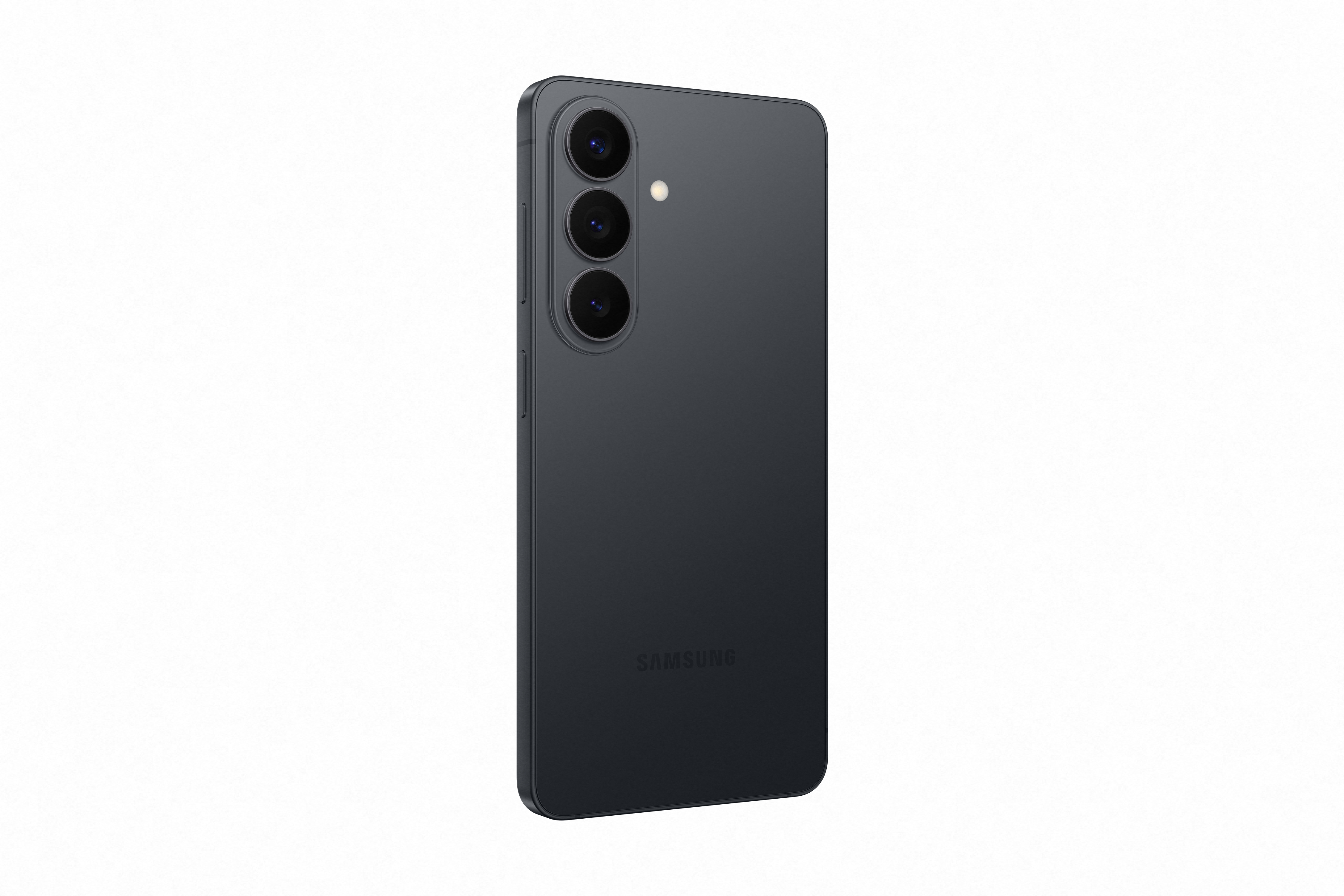 Dunkelgraues Smartphone mit drei Kameras und Samsung-Logo auf der Rückseite.
