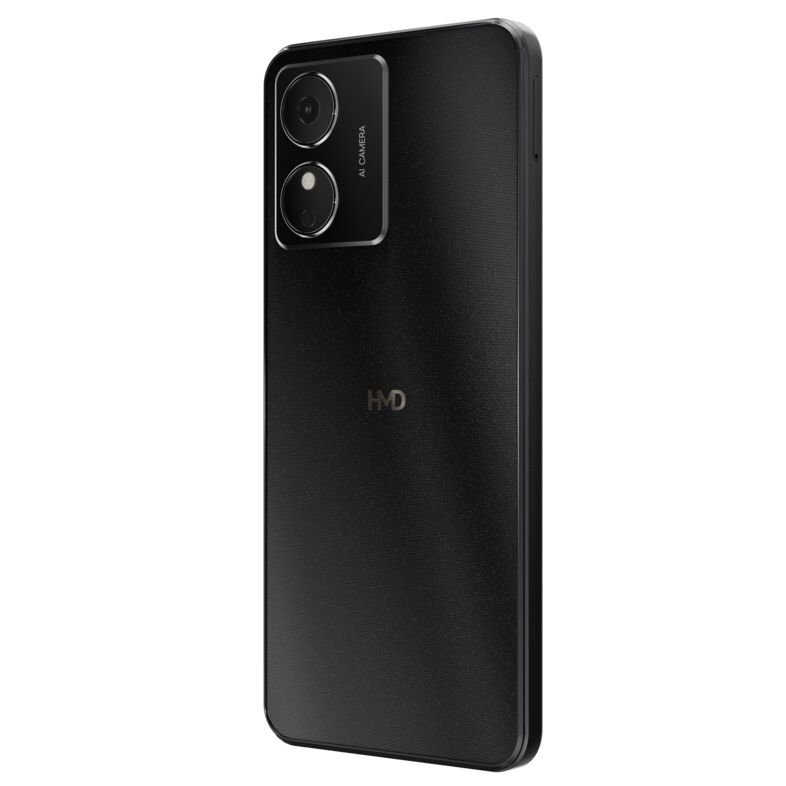 Schwarzes Smartphone mit Dual-Kamera und HMD-Logo auf schwarzem Hintergrund.