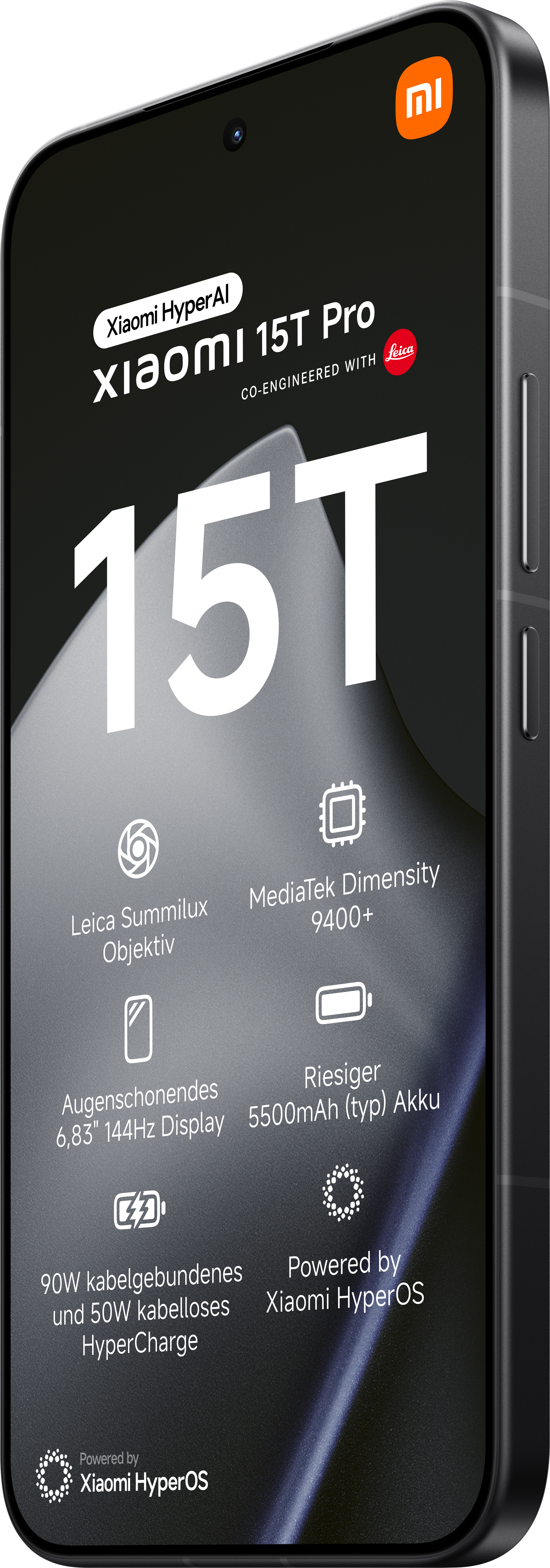 Smartphone mit Xiaomi-Logo. Merkmale: Leica Summilux, MediaTek Dimensity, großes Display und Schnellladen.