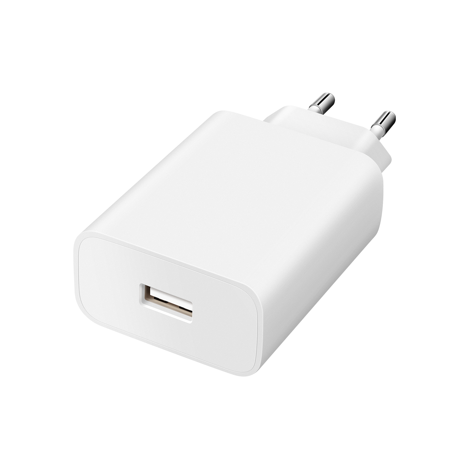 Weißes USB-Ladegerät. Rechteckig, mit USB-Anschluss und zwei Steckern. Schwarzer Hintergrund.