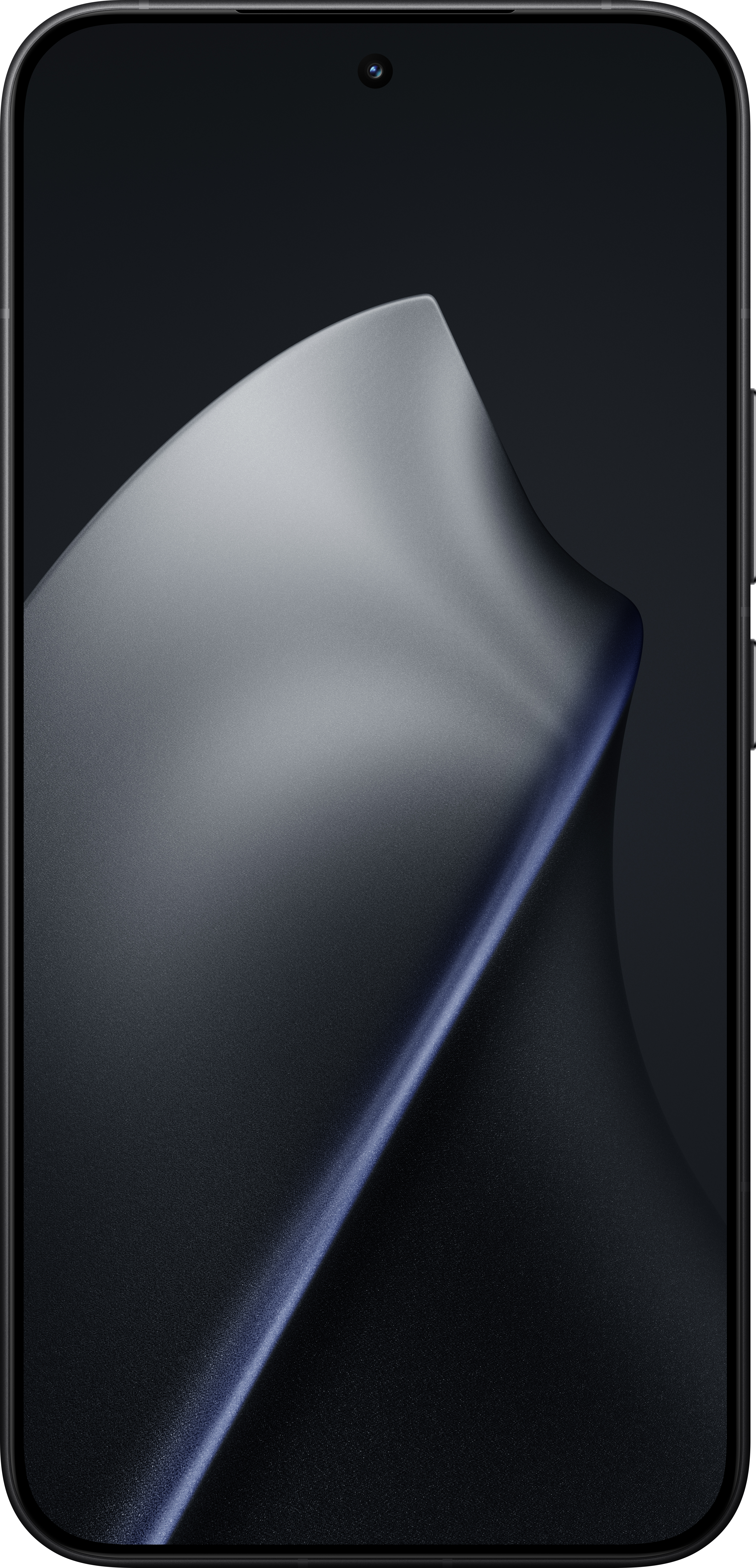 Ein Smartphone zeigt ein abstraktes, fließendes Design in Grau- und Blautönen. Der Bildschirm hat oben eine kleine Kamera.