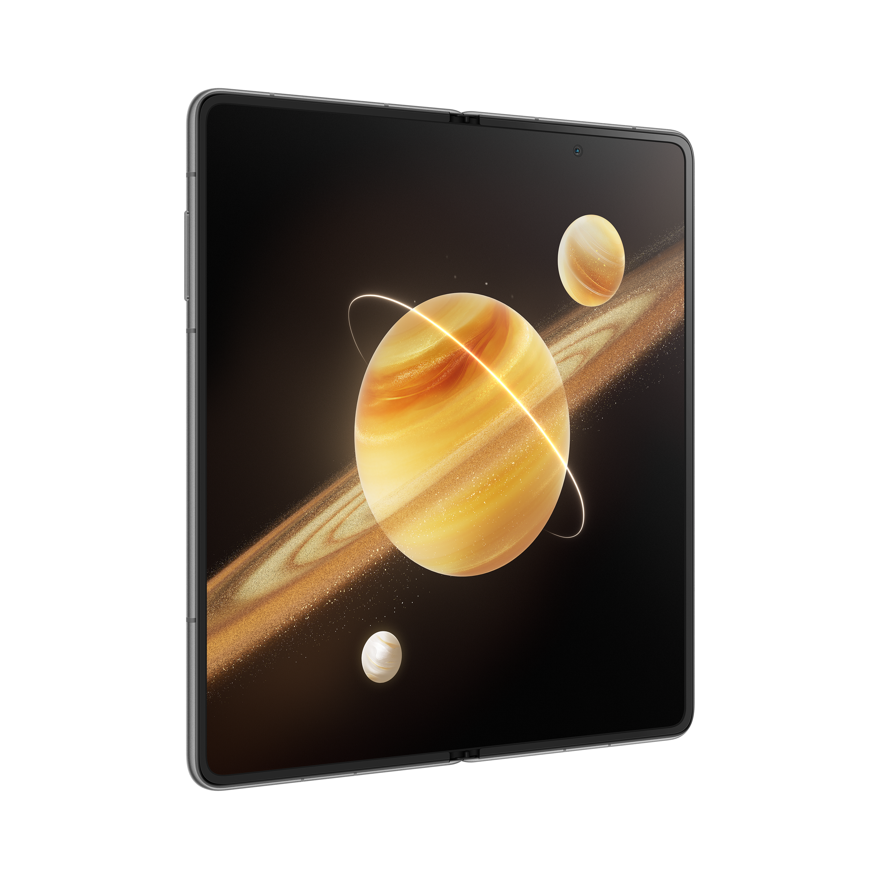 Faltbares Tablet zeigt eine Weltraumszene mit Planeten und Ringen vor schwarzem Hintergrund.