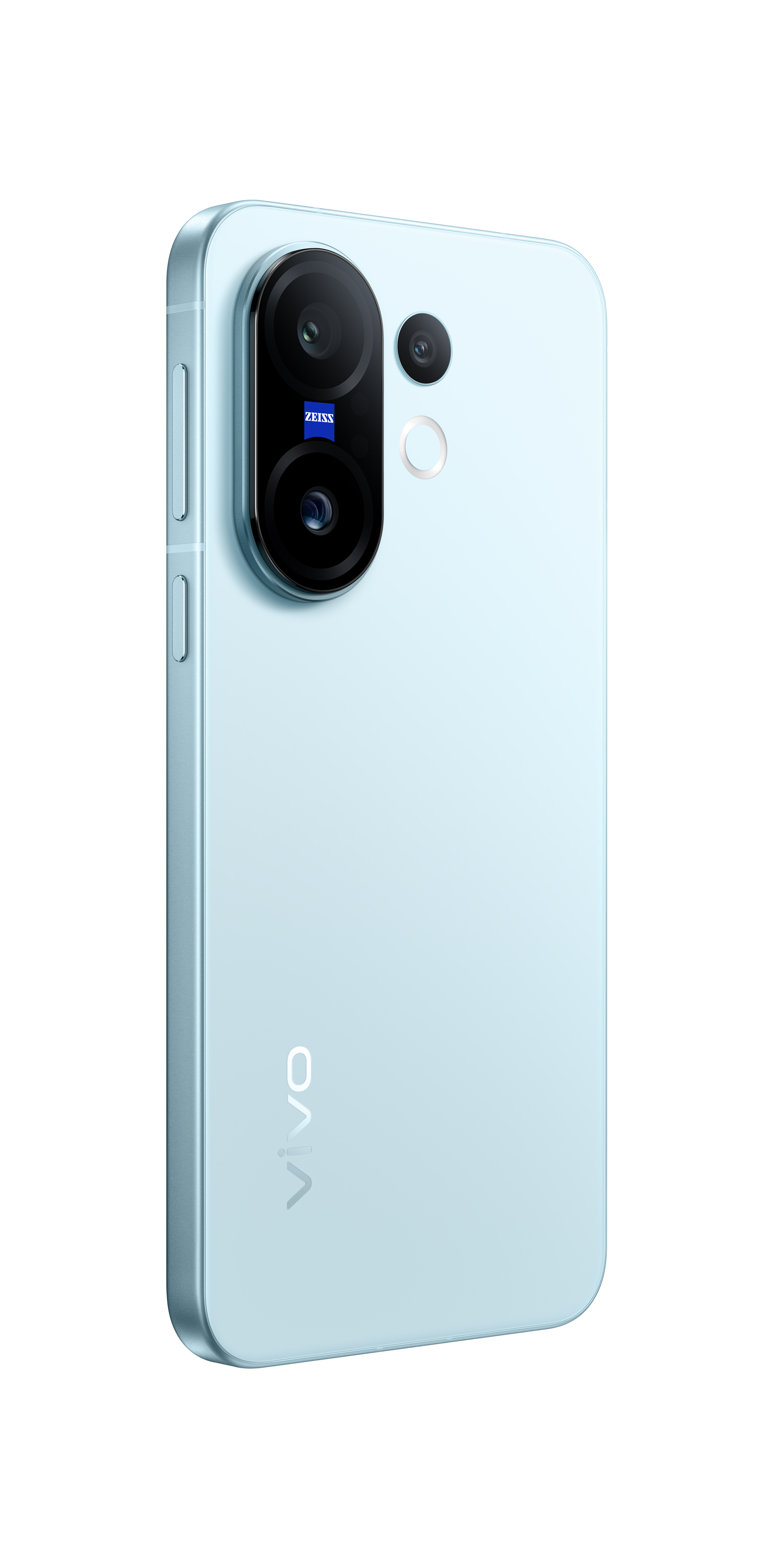 Ein hellblaues Vivo-Smartphone mit Dual-Kamera-Setup und ZEISS-Branding. Die Rückseite des Telefons ist sichtbar, mit einem dezenten VIVO-Logo.