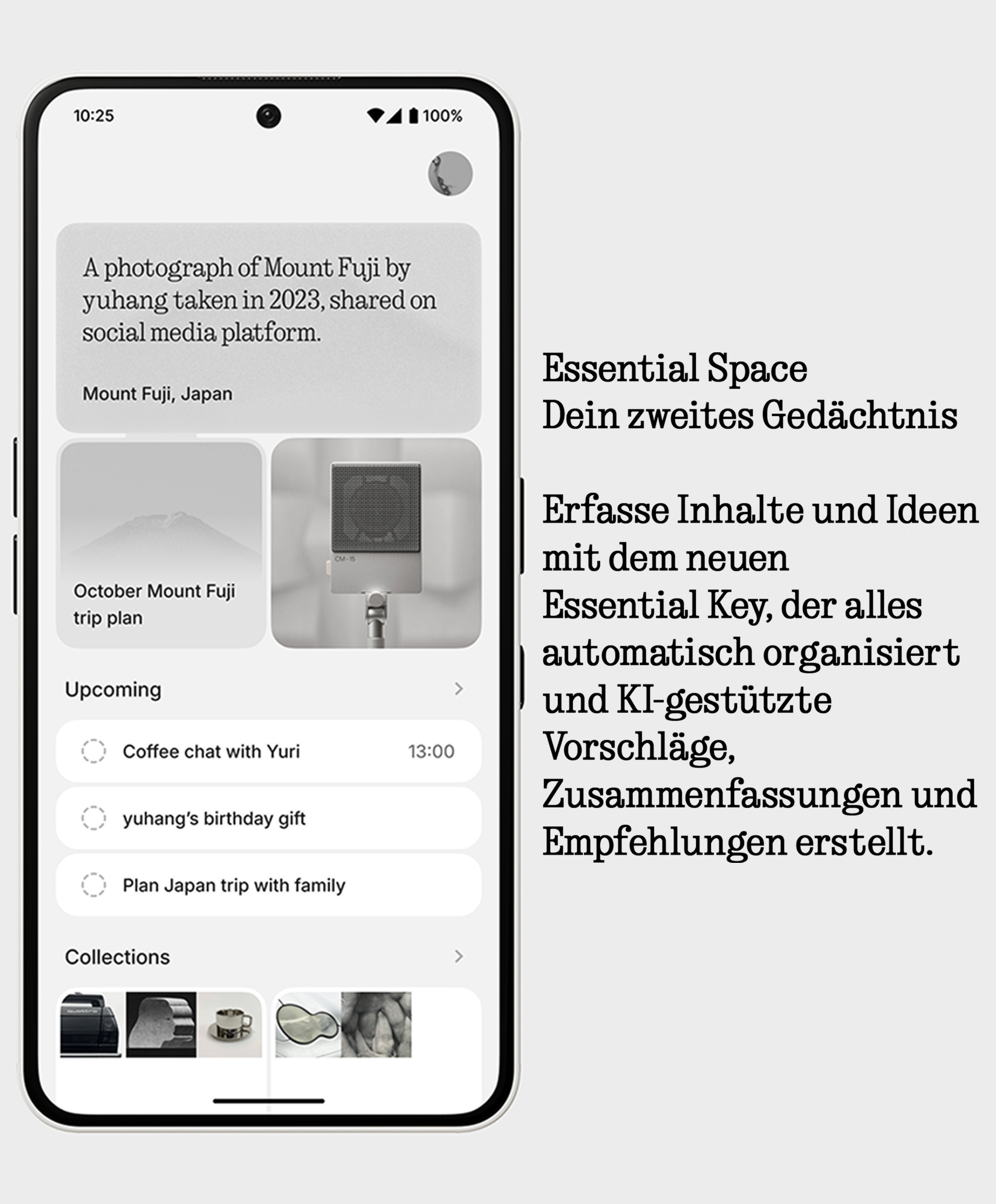 Ein Telefonbildschirm zeigt eine App-Oberfläche, Text und Bilder auf dem Bildschirm. Weißer Hintergrund.