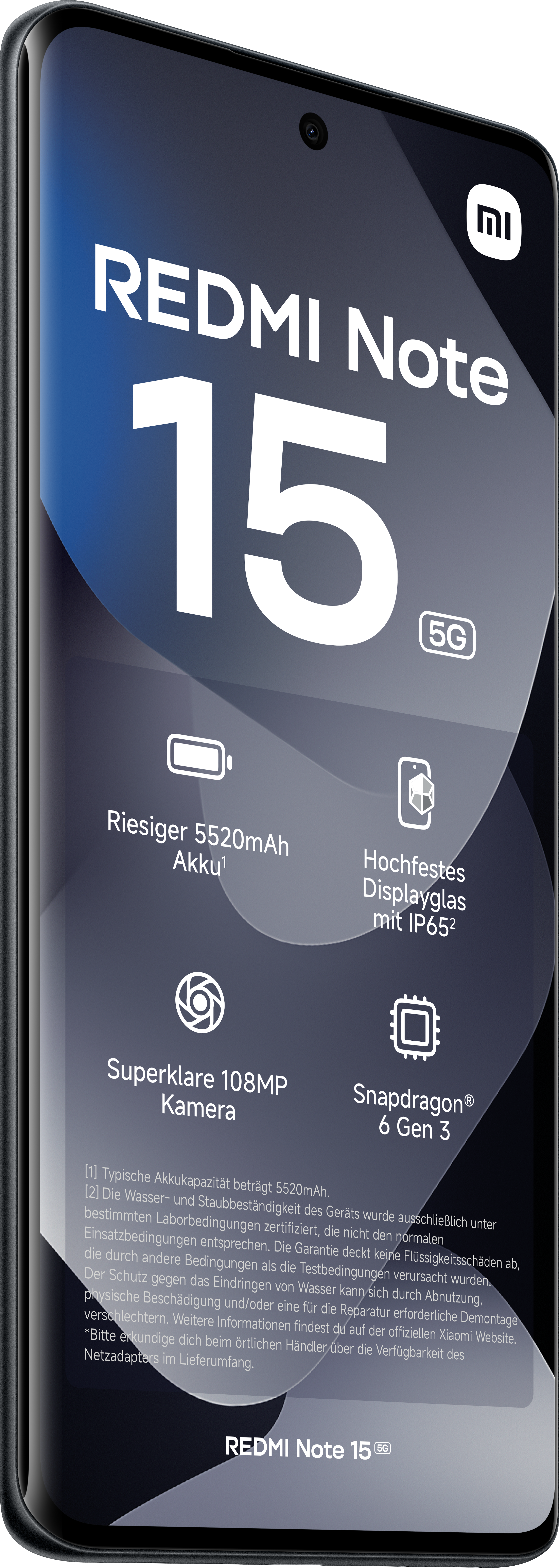 Ein Smartphone mit schwarzem Rahmen. Es trägt die Worte REDMI Note 15. Zu den Merkmalen gehören Akku, Kamera und Prozessor.