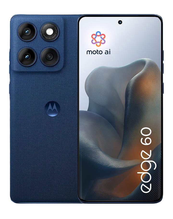 Blaues Smartphone mit drei Kameras und dem Logo "moto ai".