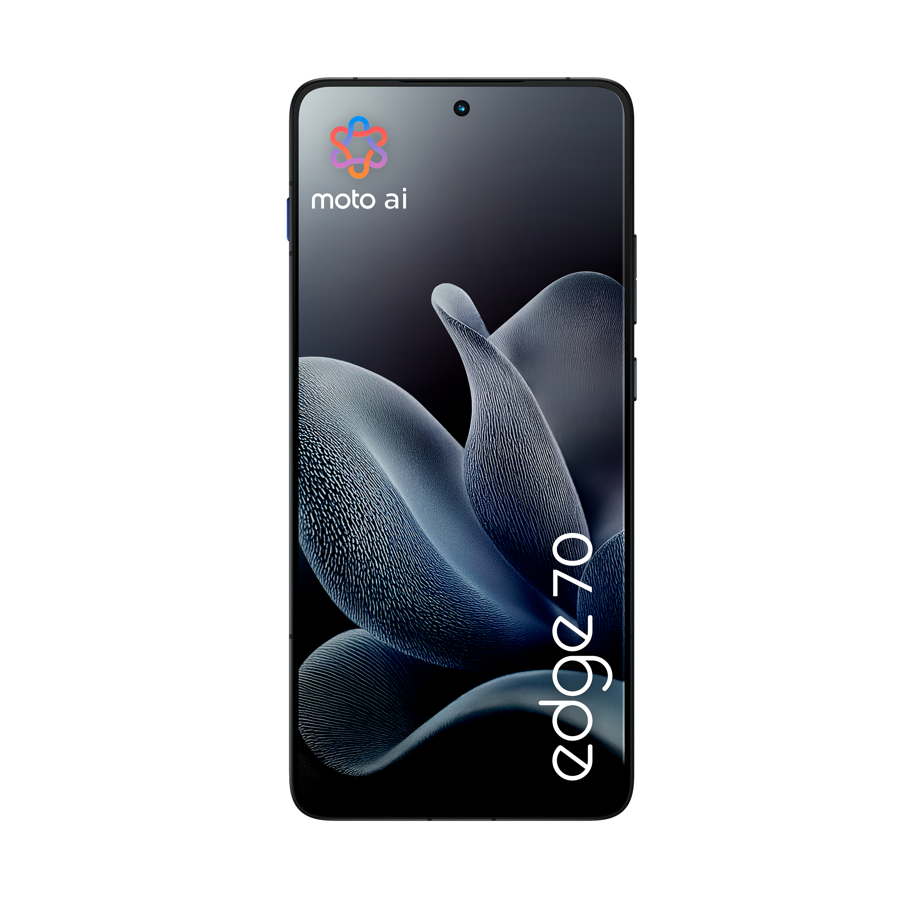 Ein Smartphone zeigt abstrakte blaue Formen. Das Telefon hat einen schwarzen Rand. Der Bildschirm zeigt 'edge 70'.