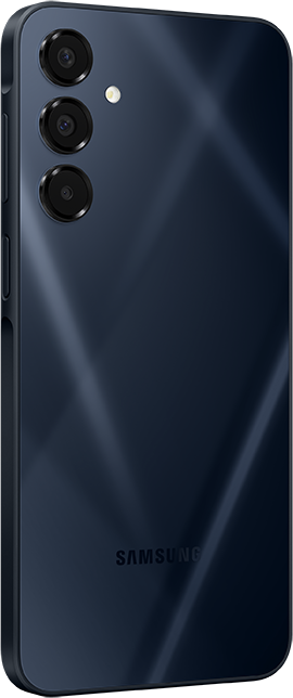 Die Rückseite eines dunkelblauen Samsung-Telefons. Es hat drei Kameralinsen und das Samsung-Logo.