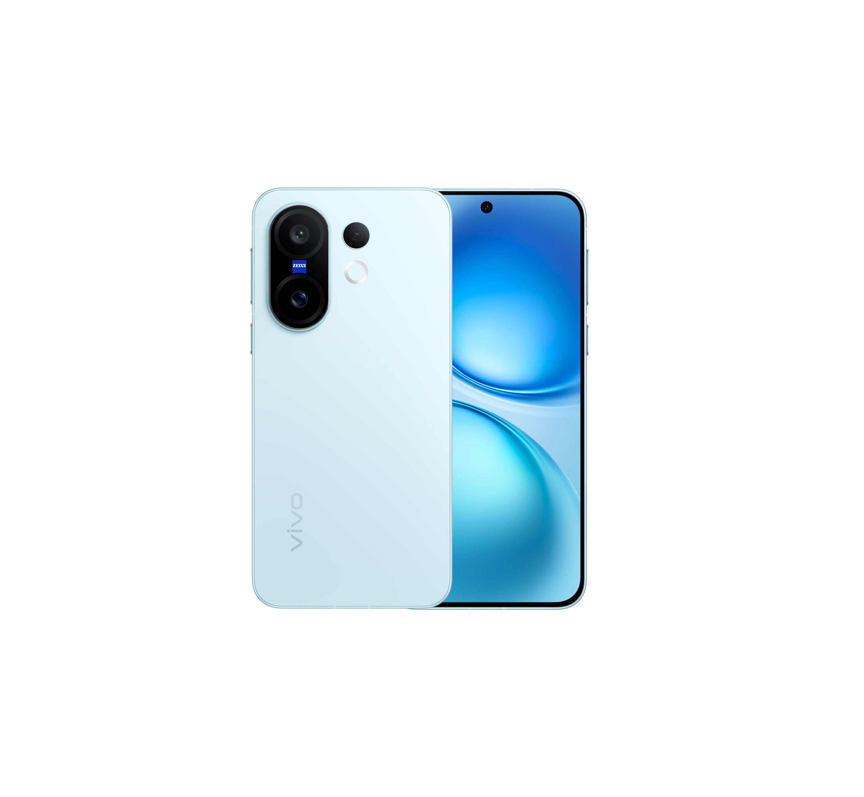 Ein hellblaues Vivo-Smartphone. Das Telefon wird von vorne und hinten gezeigt. Die Vorderseite zeigt einen blauen Bildschirm.