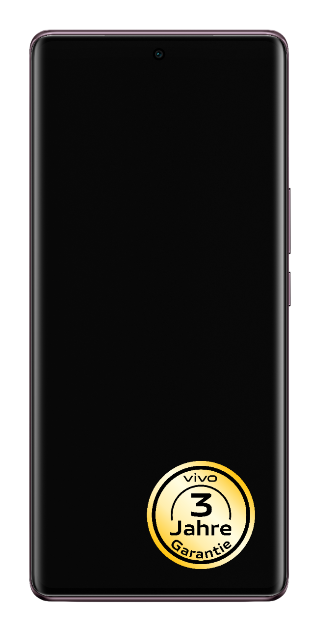Ein Smartphone mit schwarzem Bildschirm, goldener Garantieplakette und pinkfarbenem Rahmen.