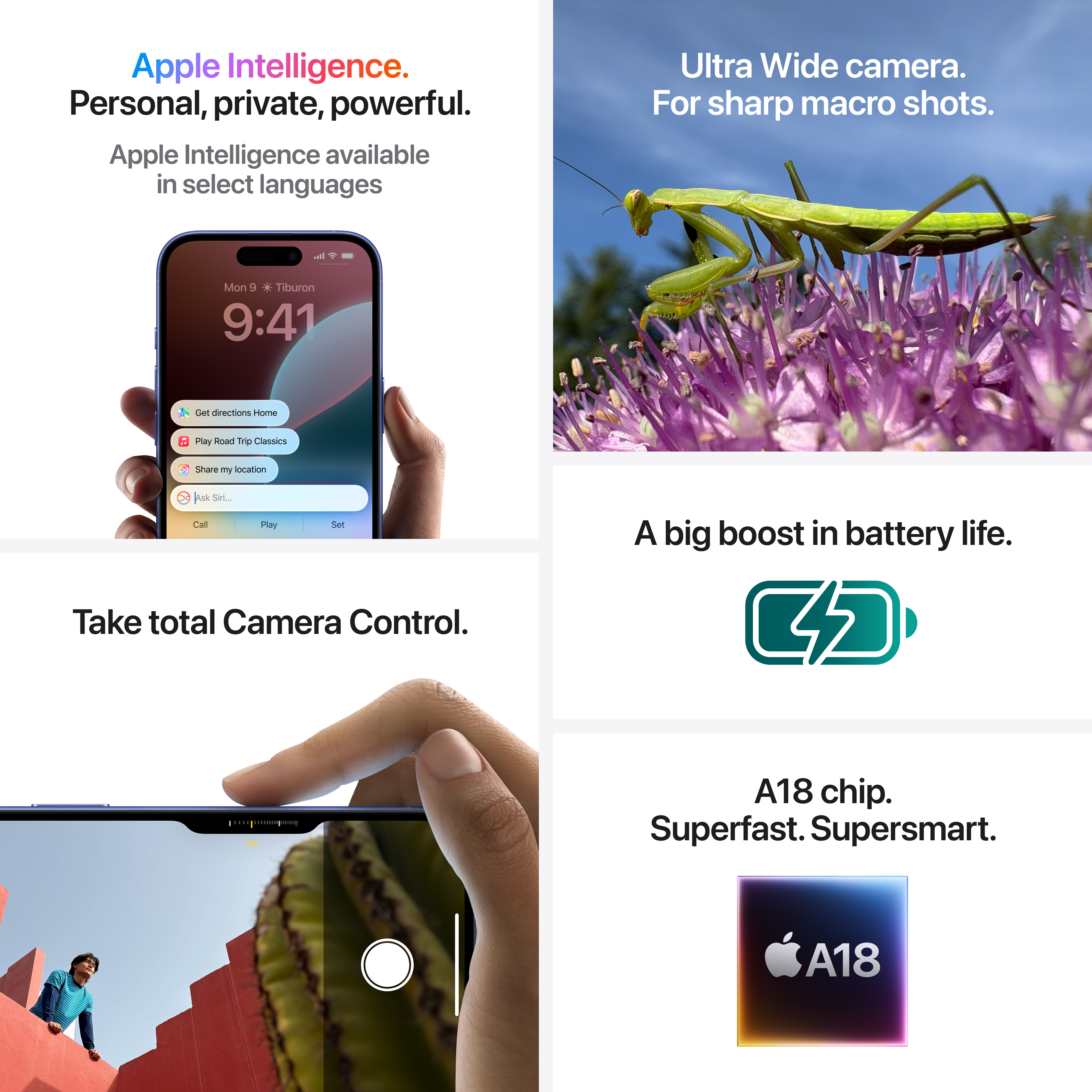 Smartphone mit Apps, Makrofoto einer Gottesanbeterin, Akku-Symbol und A18-Chip-Logo.