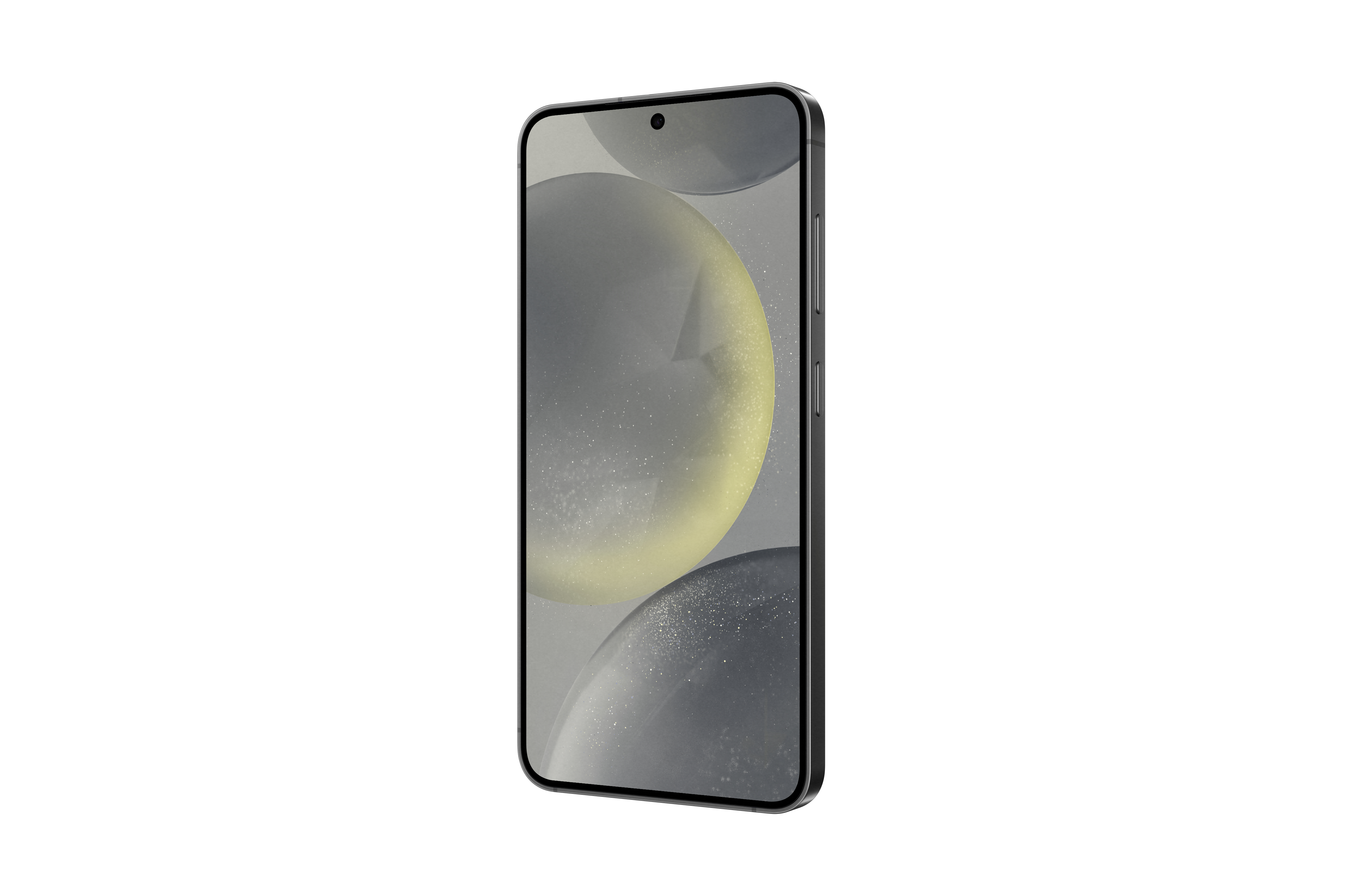 Ein Mobiltelefon mit grauem Rahmen und abstraktem Design auf dem Display, auf weißem Hintergrund.